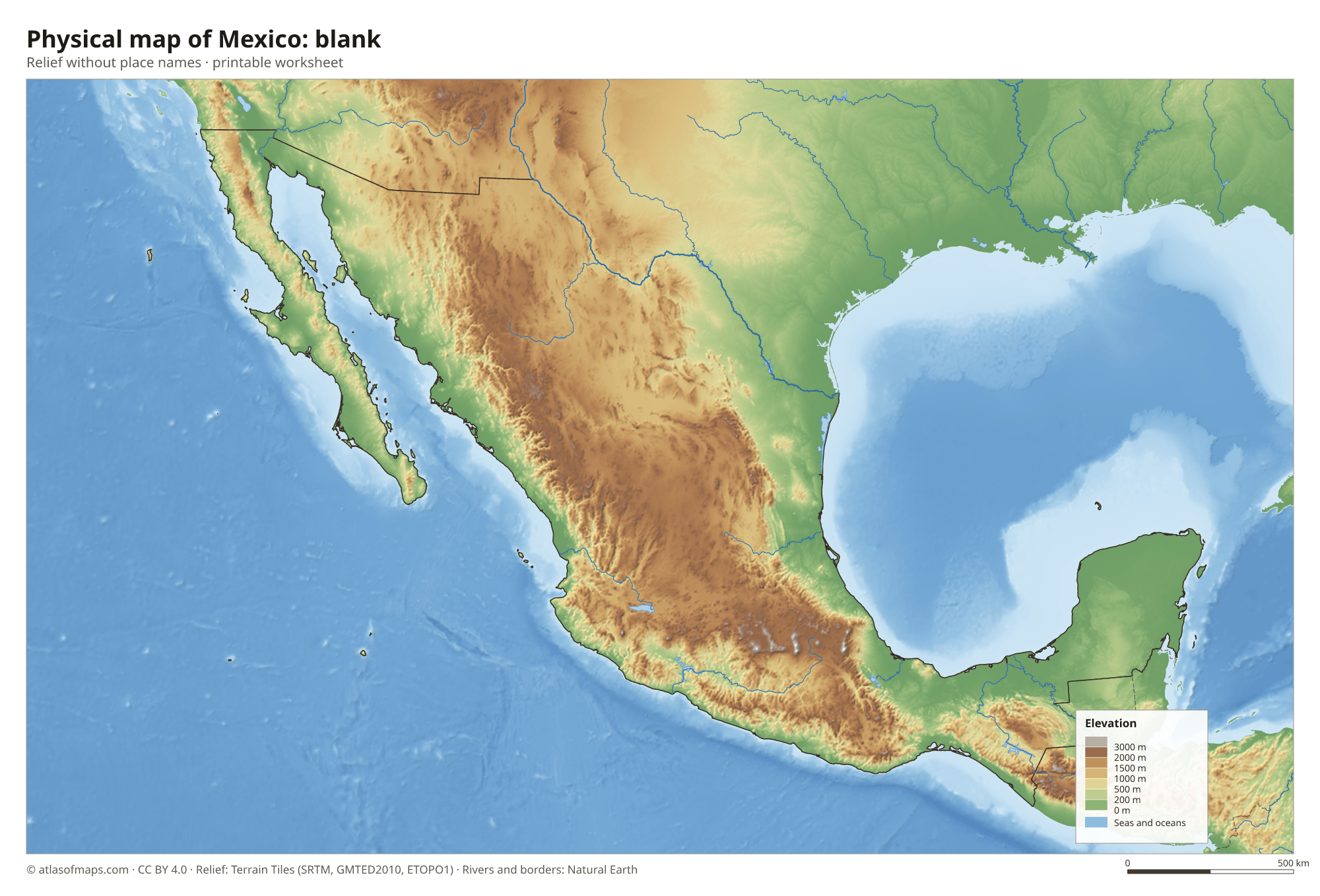 Physical map of Mexico without names