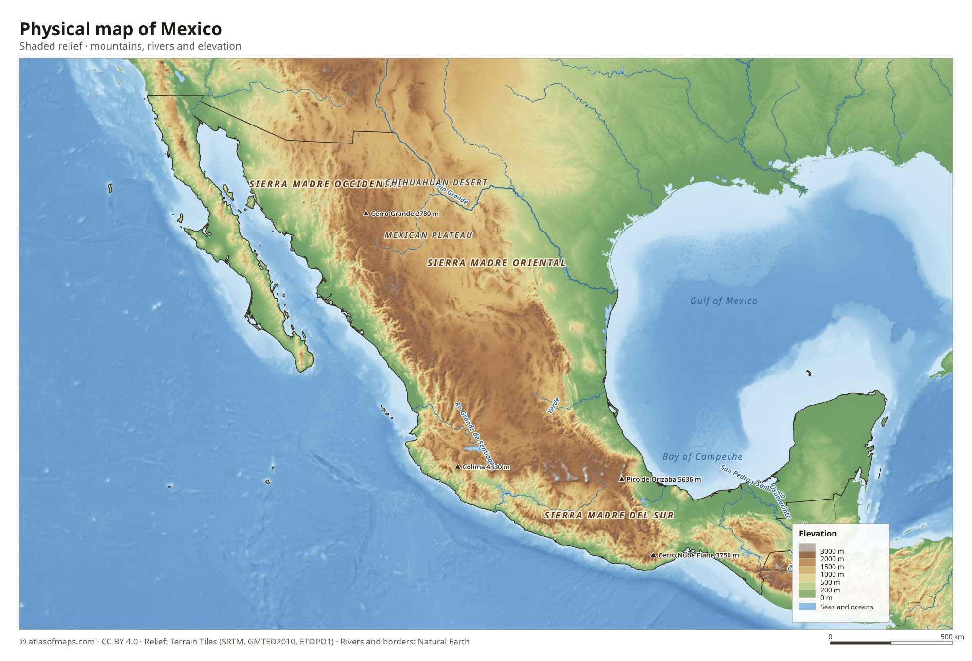 Physical map of Mexico