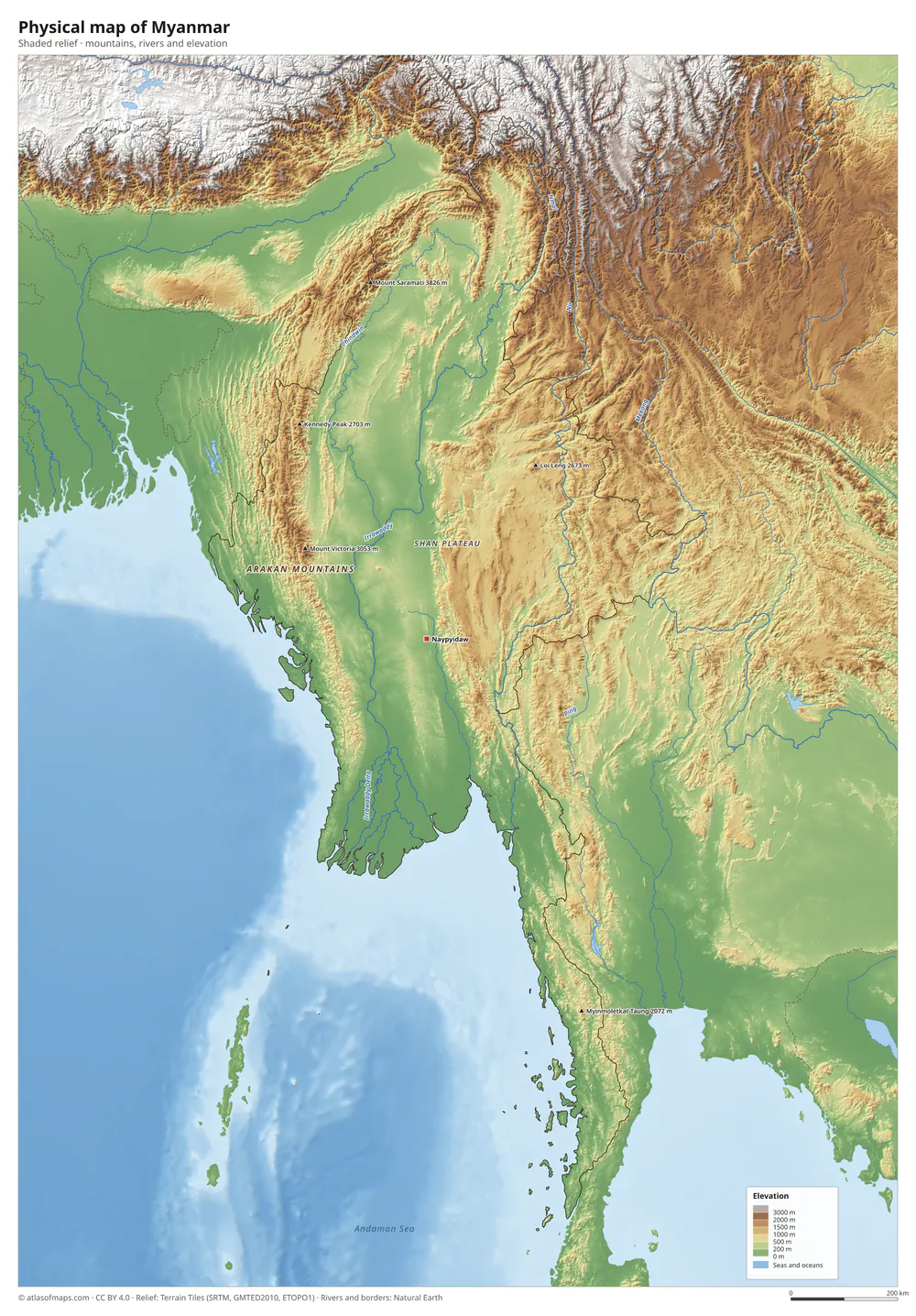 Physical map of Myanmar