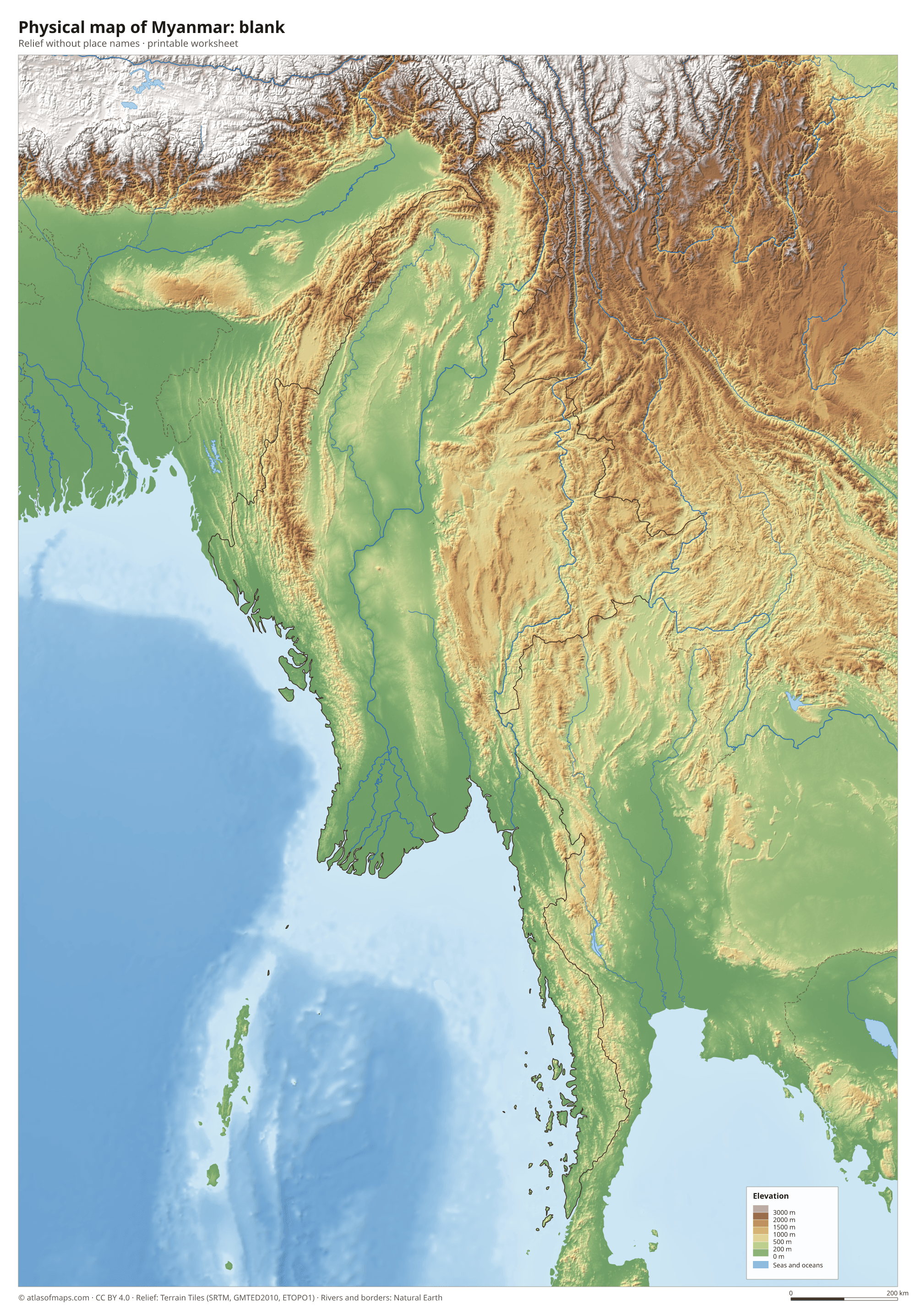 Physical map of Myanmar without names