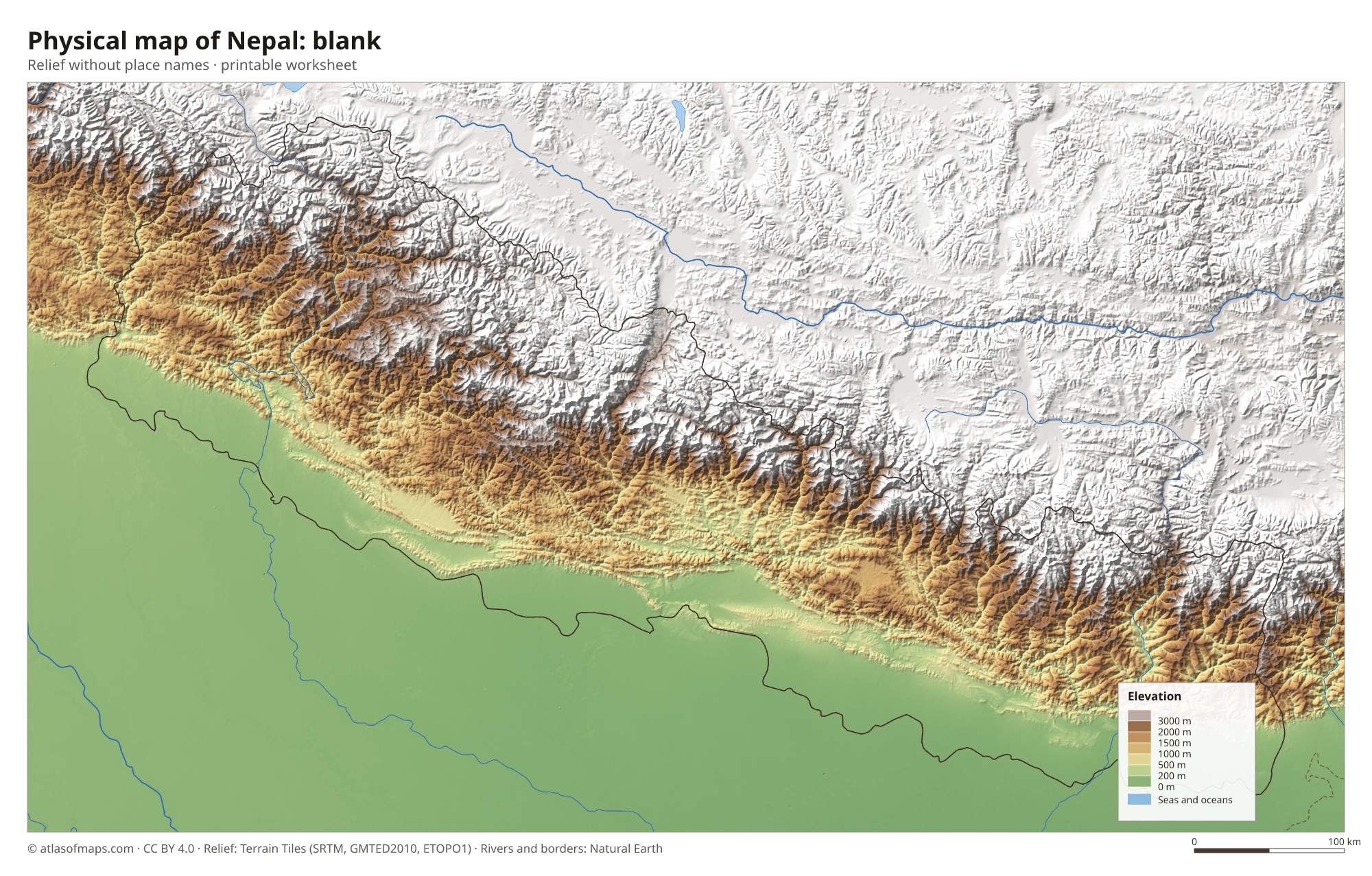 Physical map of Nepal without names