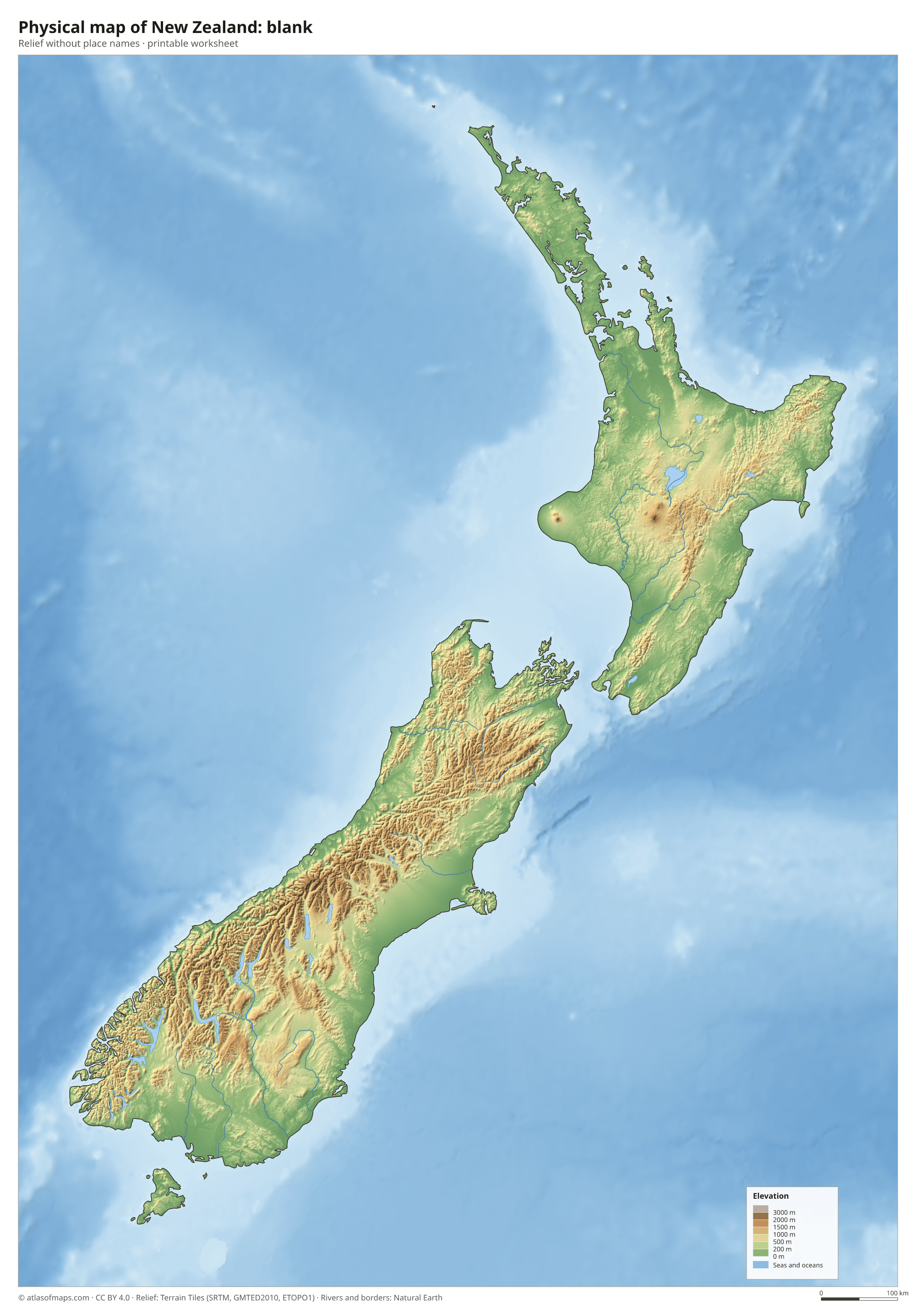 Physical map of New Zealand without names