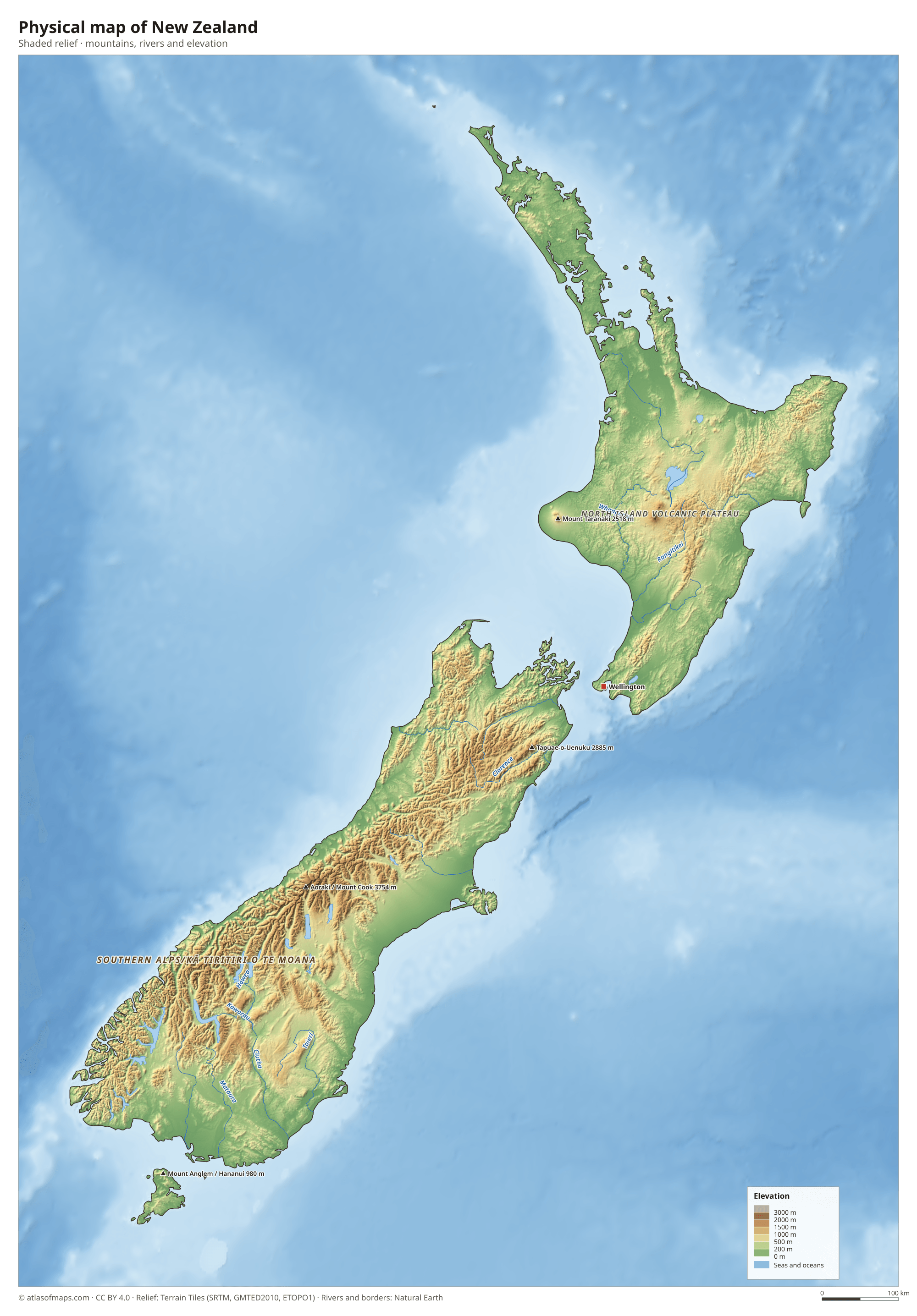Physical map of New Zealand