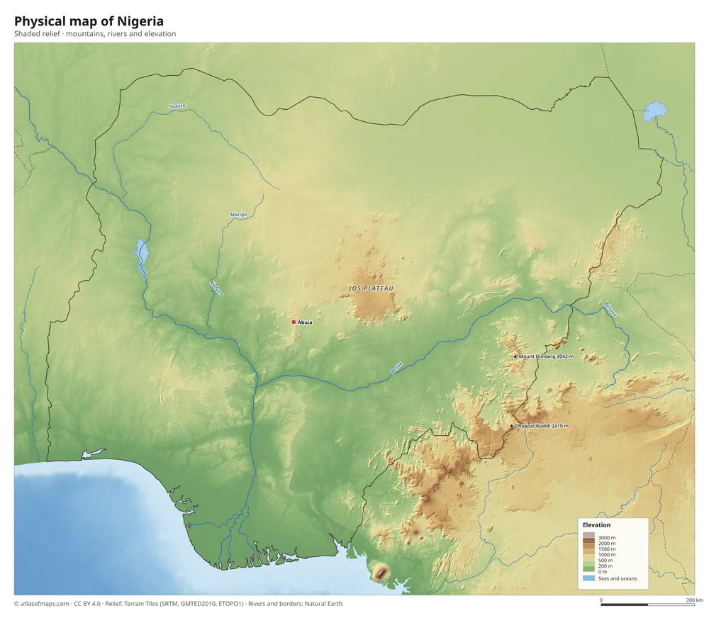 Physical map of Nigeria