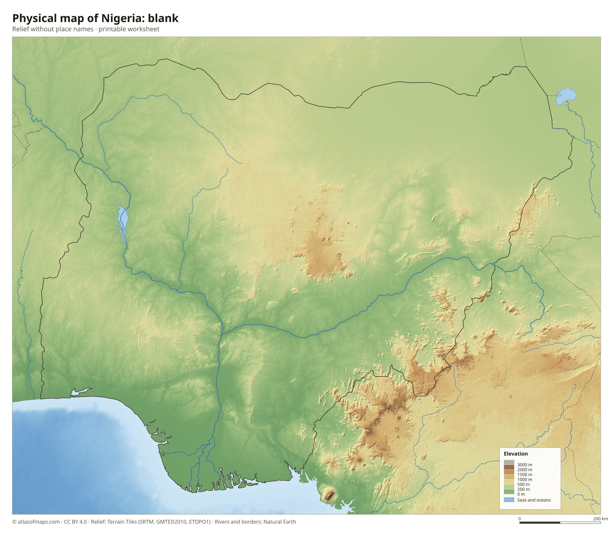 Physical map of Nigeria without names