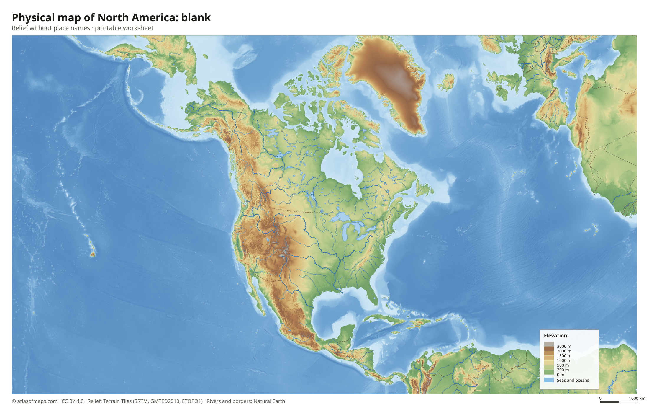 Physical map of North America without names