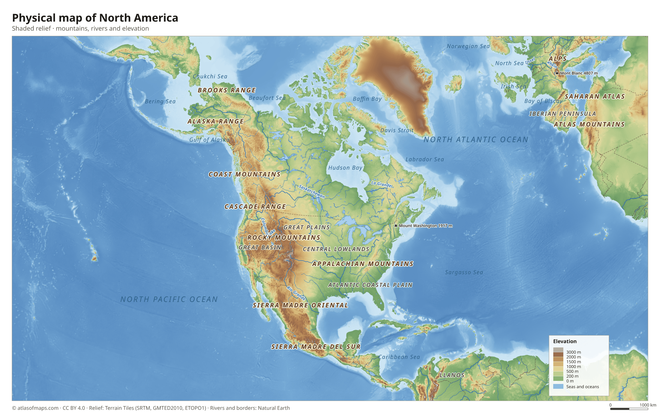 Physical map of North America