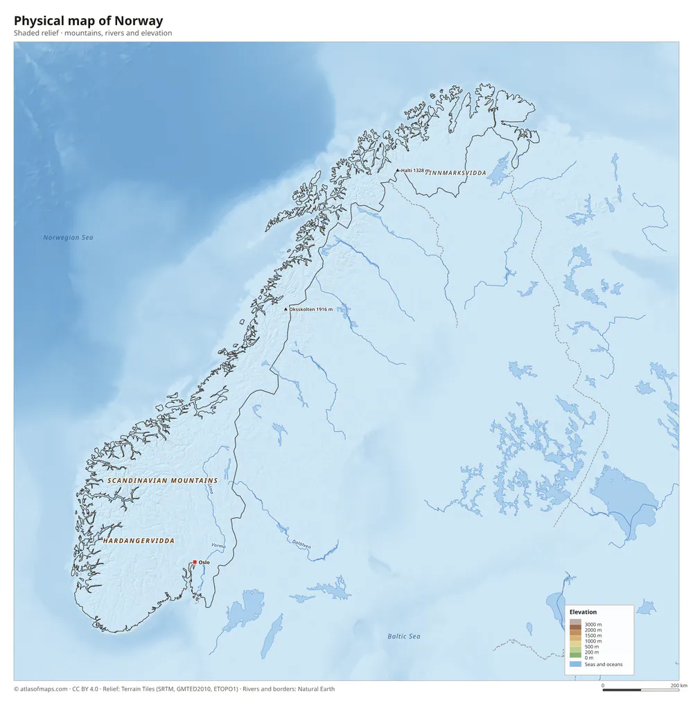 Physical map of Norway