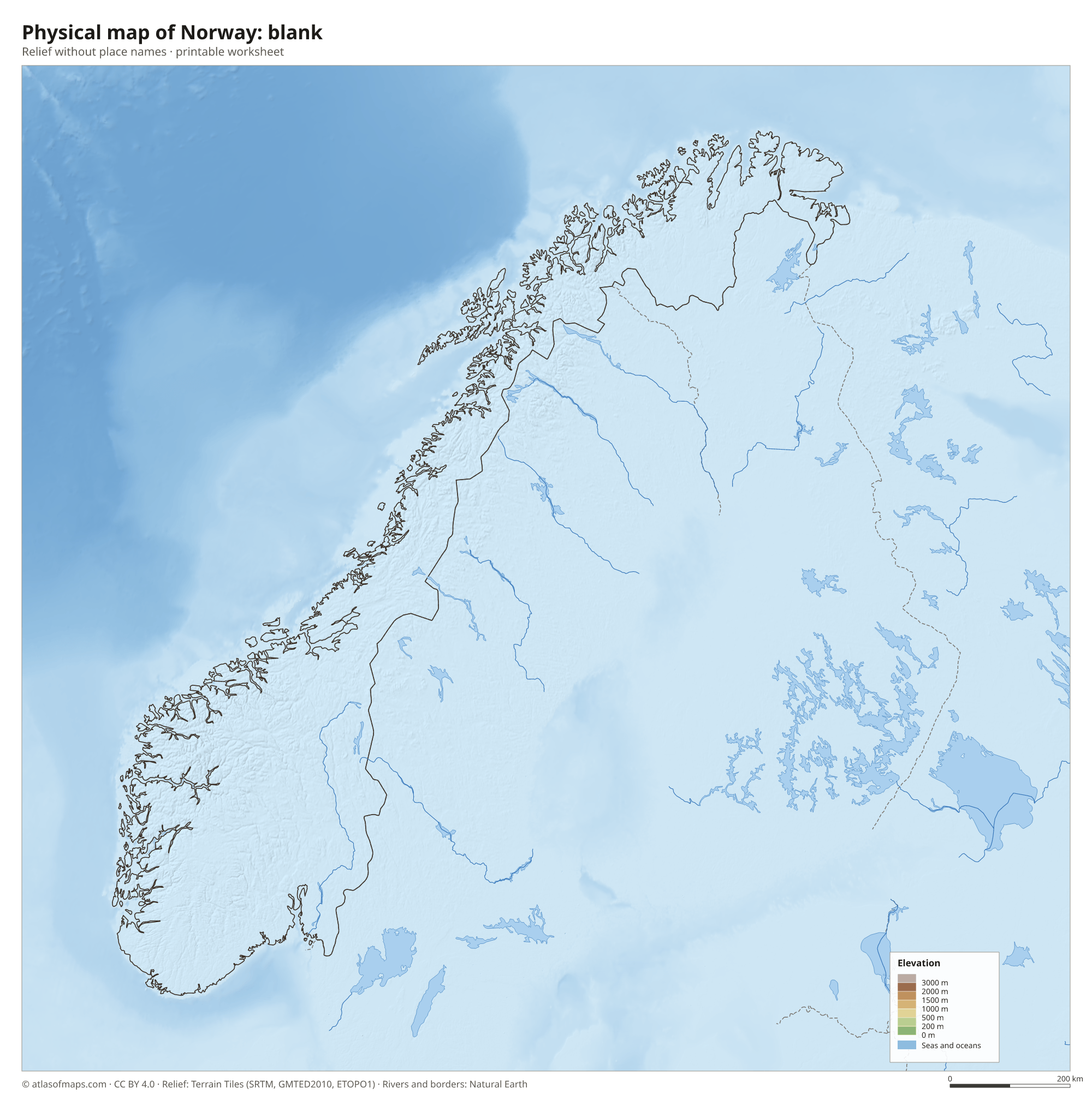 Physical map of Norway without names