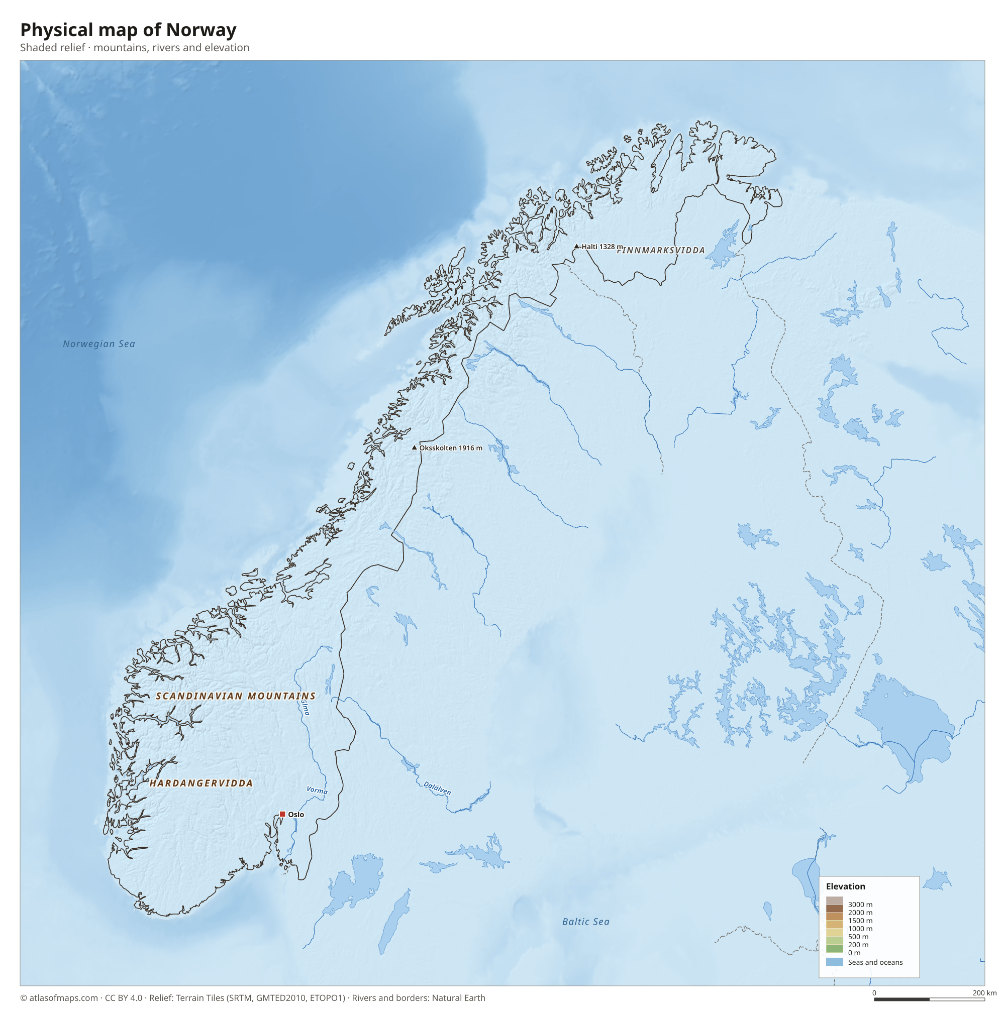 Physical map of Norway