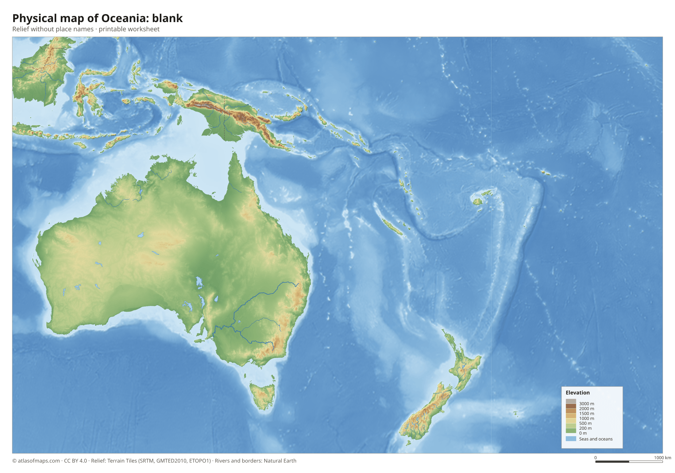 Physical map of Oceania without names
