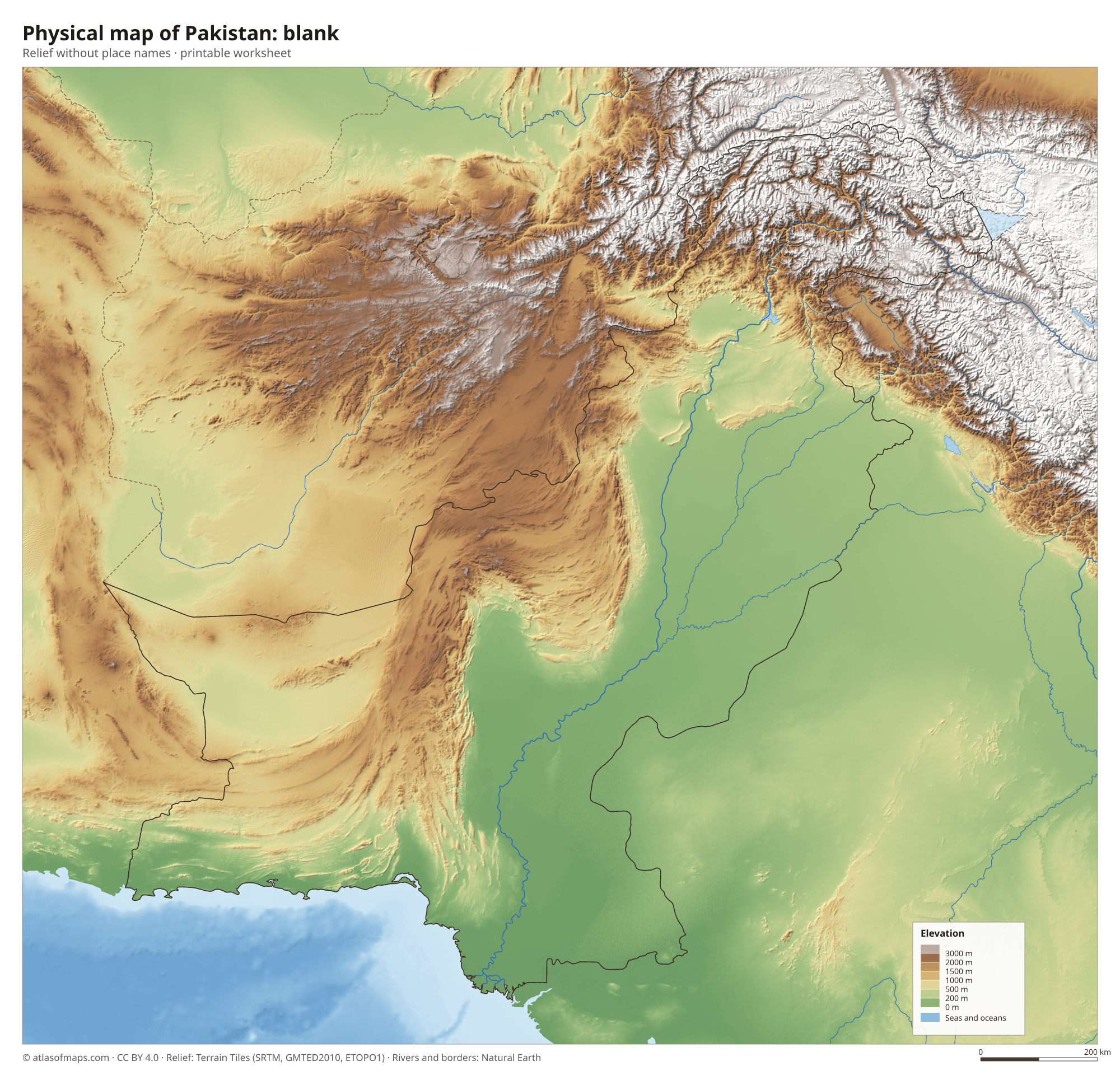 Physical map of Pakistan without names