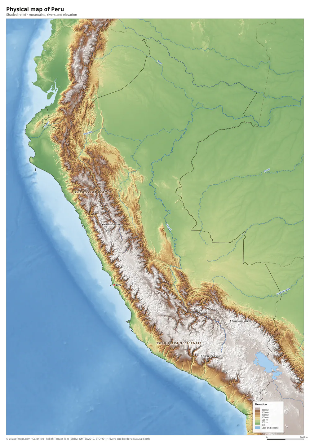Physical map of Peru