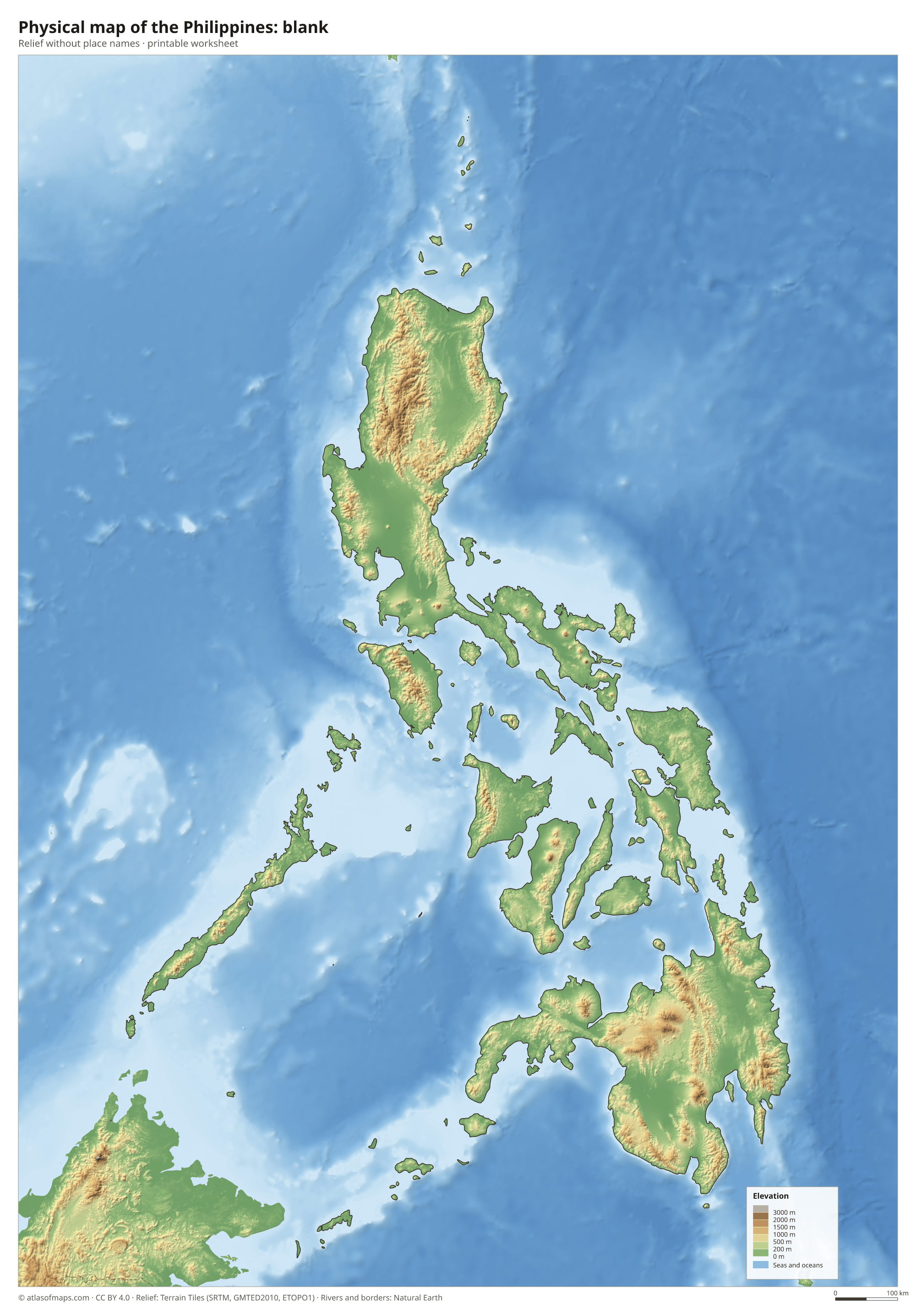 Physical map of the Philippines without names