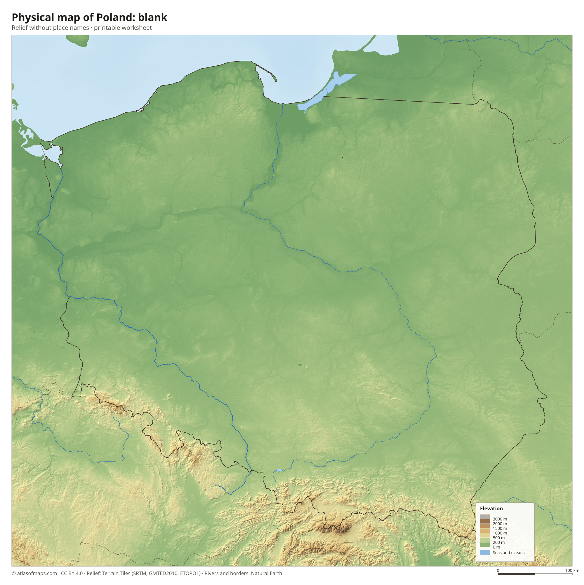 Physical map of Poland without names