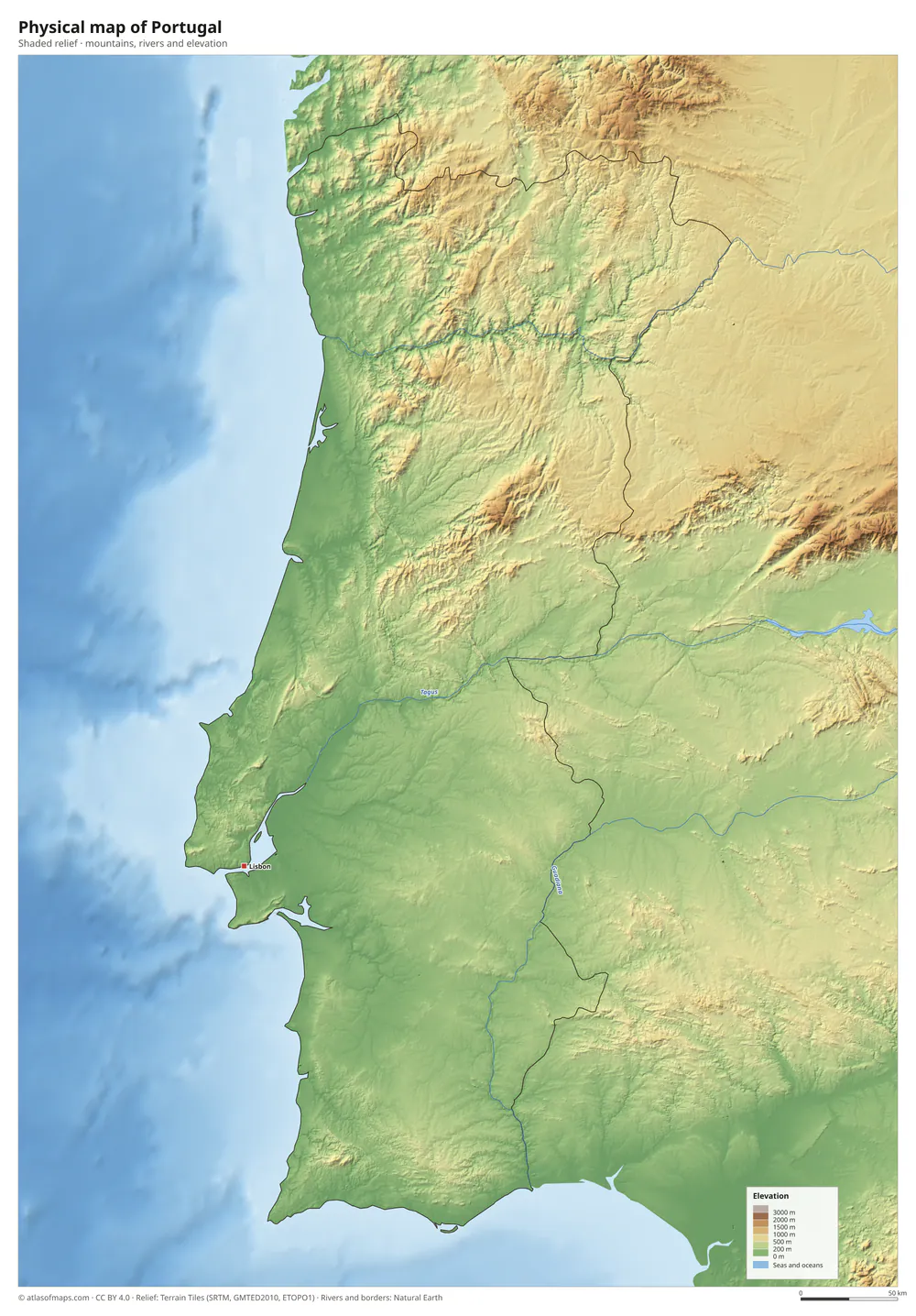 Physical map of Portugal