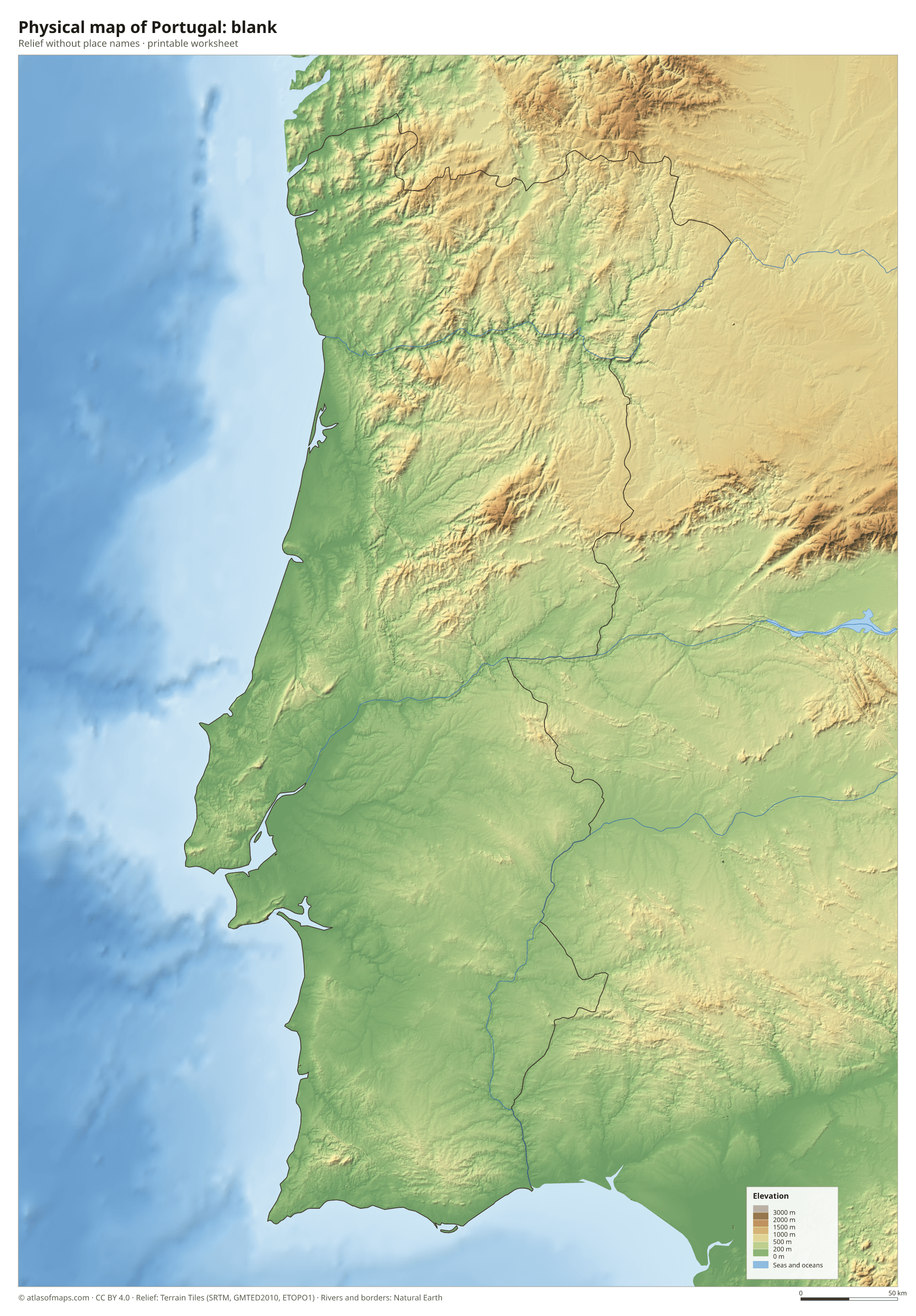 Physical map of Portugal without names