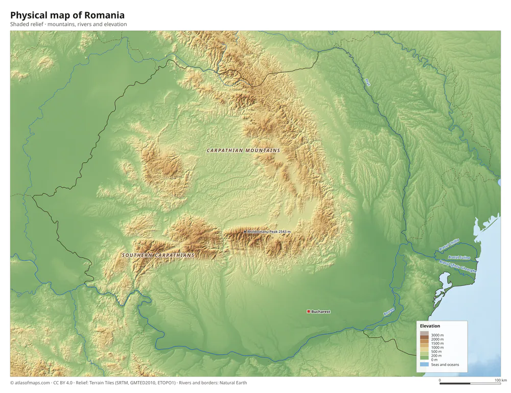 Physical map of Romania