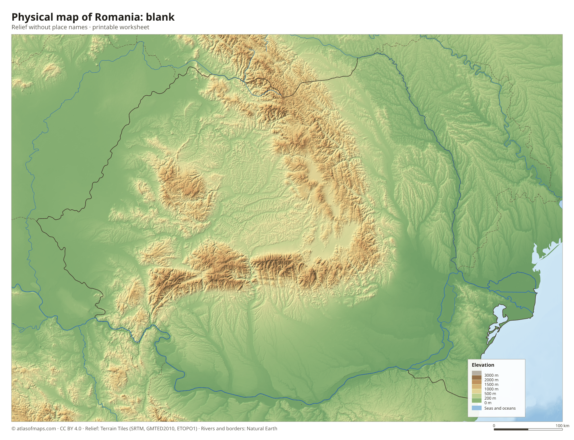 Physical map of Romania without names