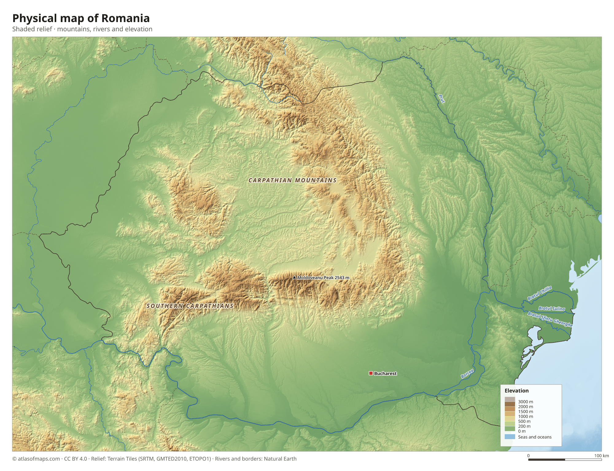 Physical map of Romania