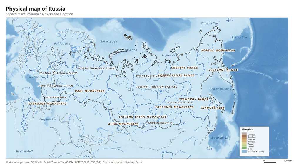 Physical map of Russia