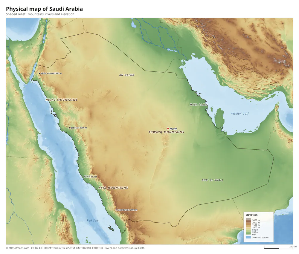 Physical map of Saudi Arabia