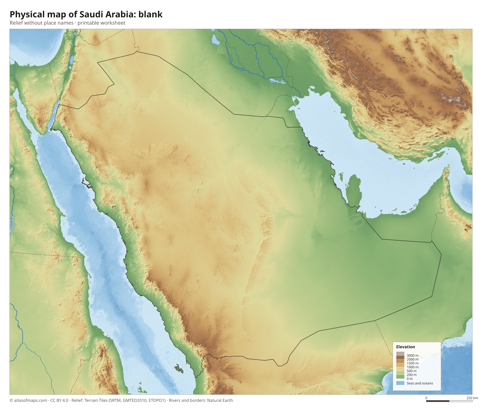 Physical map of Saudi Arabia without names