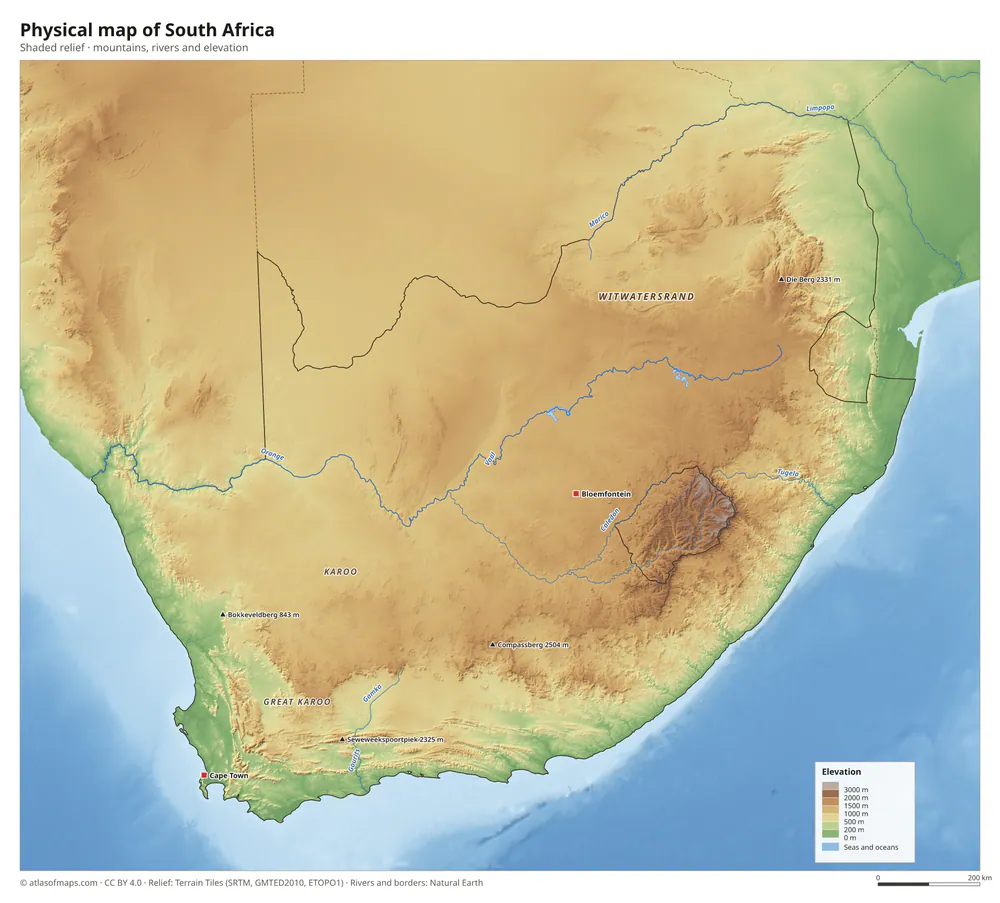 Physical map of South Africa