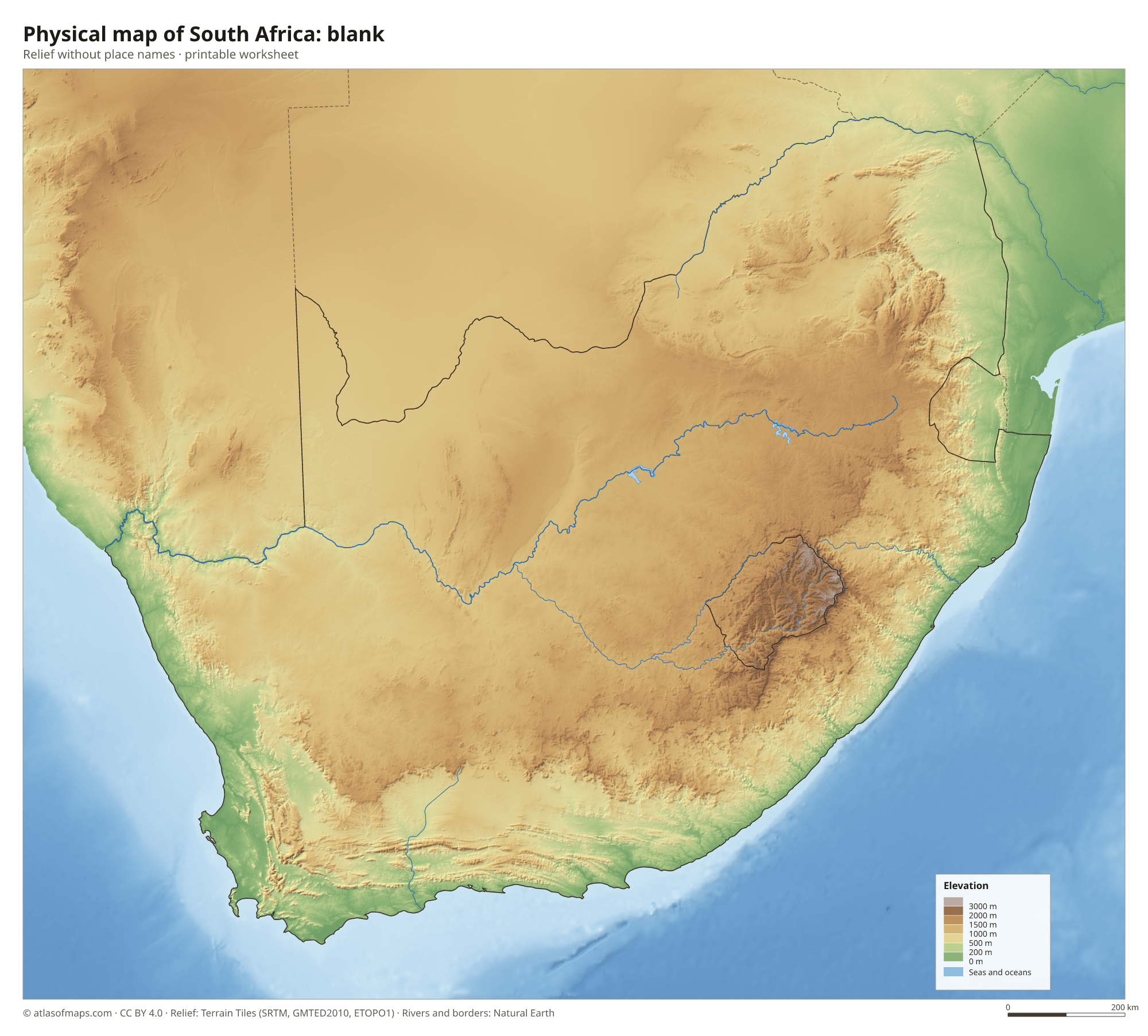 Physical map of South Africa without names