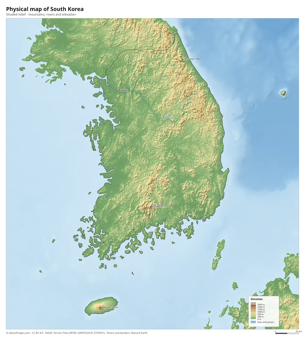 Physical map of South Korea