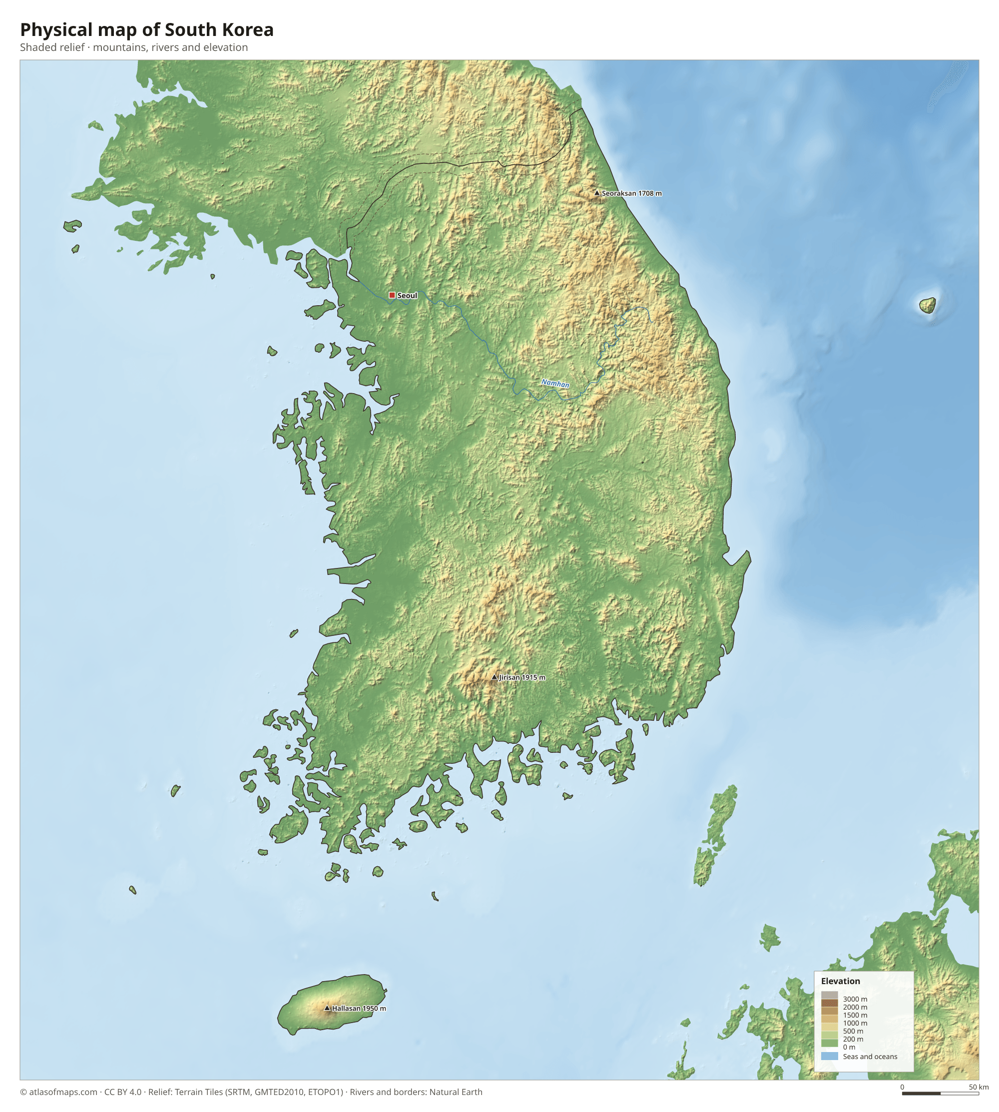 Physical map of South Korea