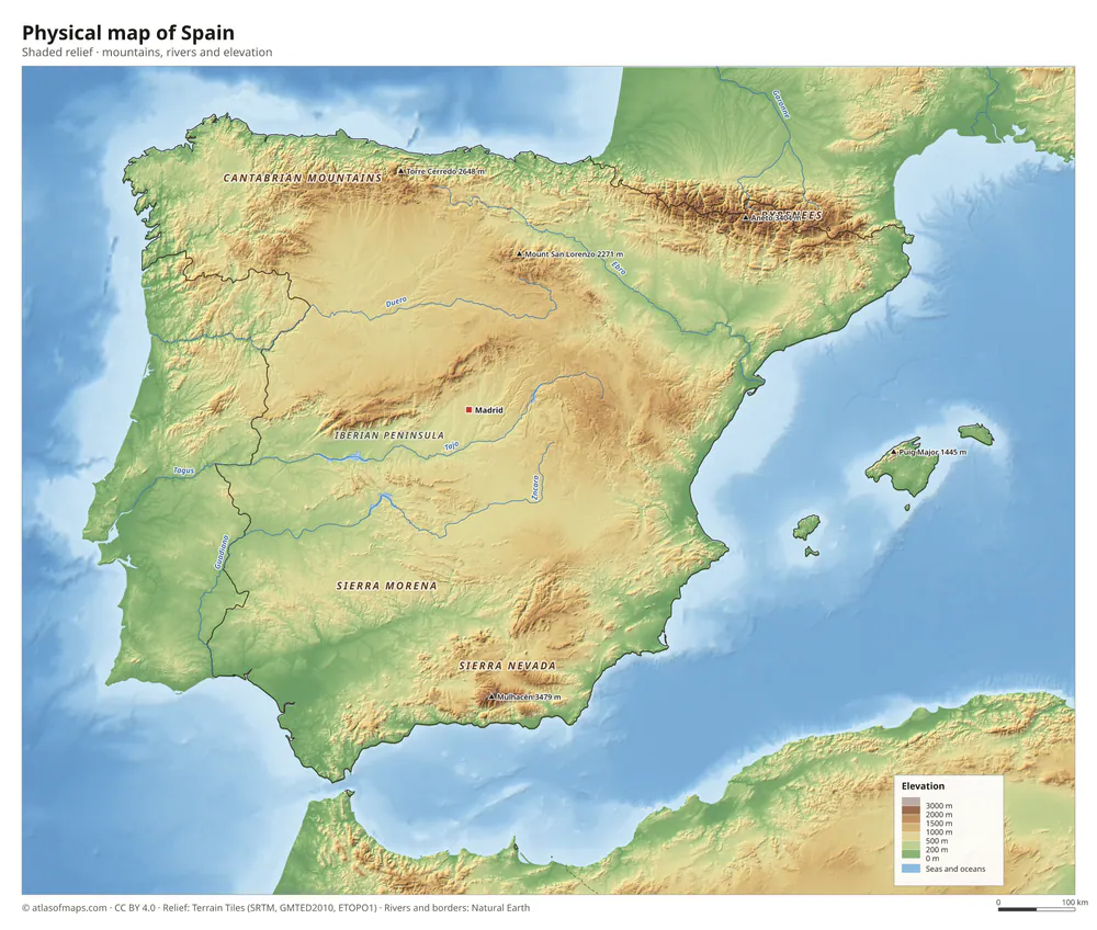 Physical map of Spain