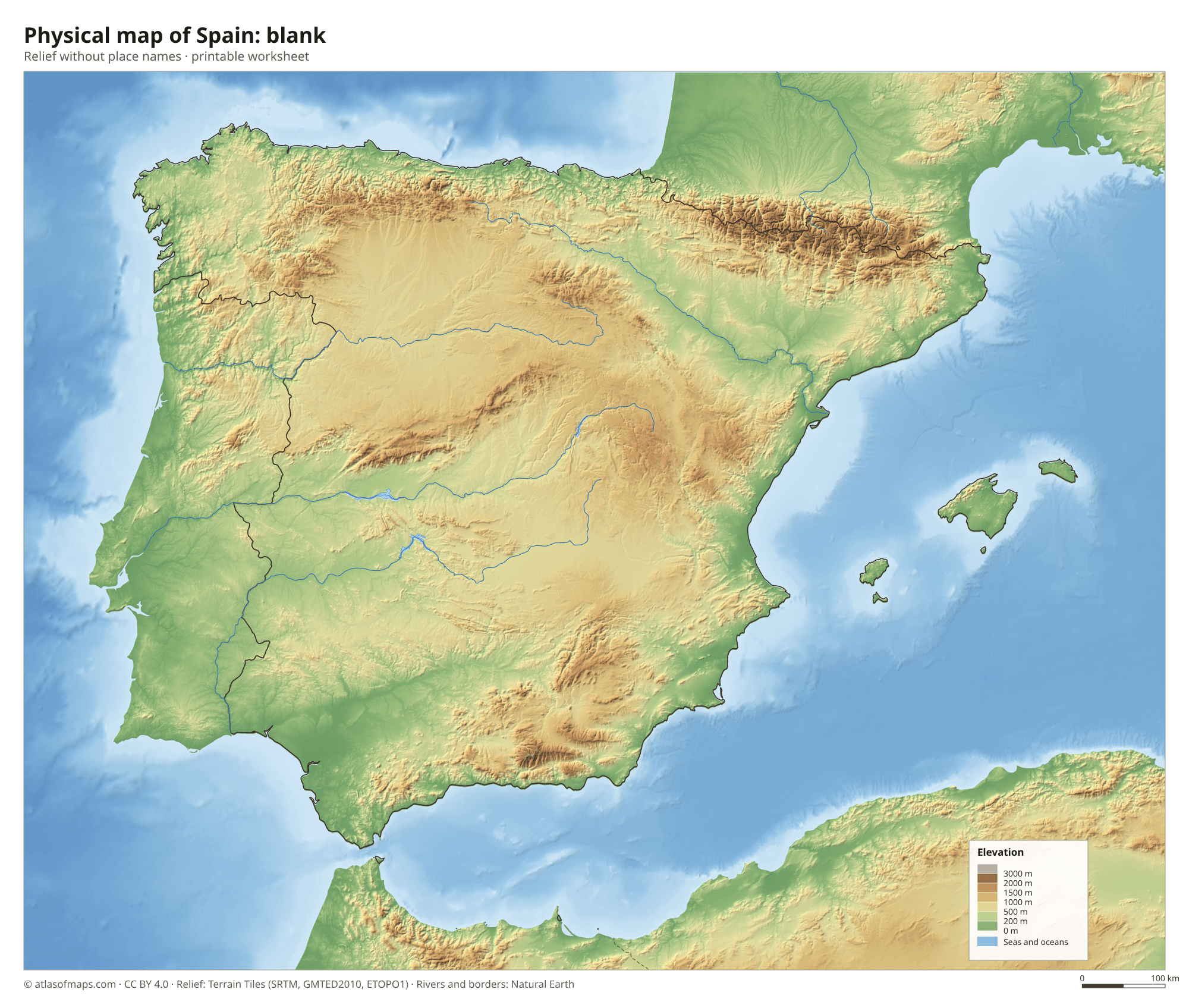 Physical map of Spain without names