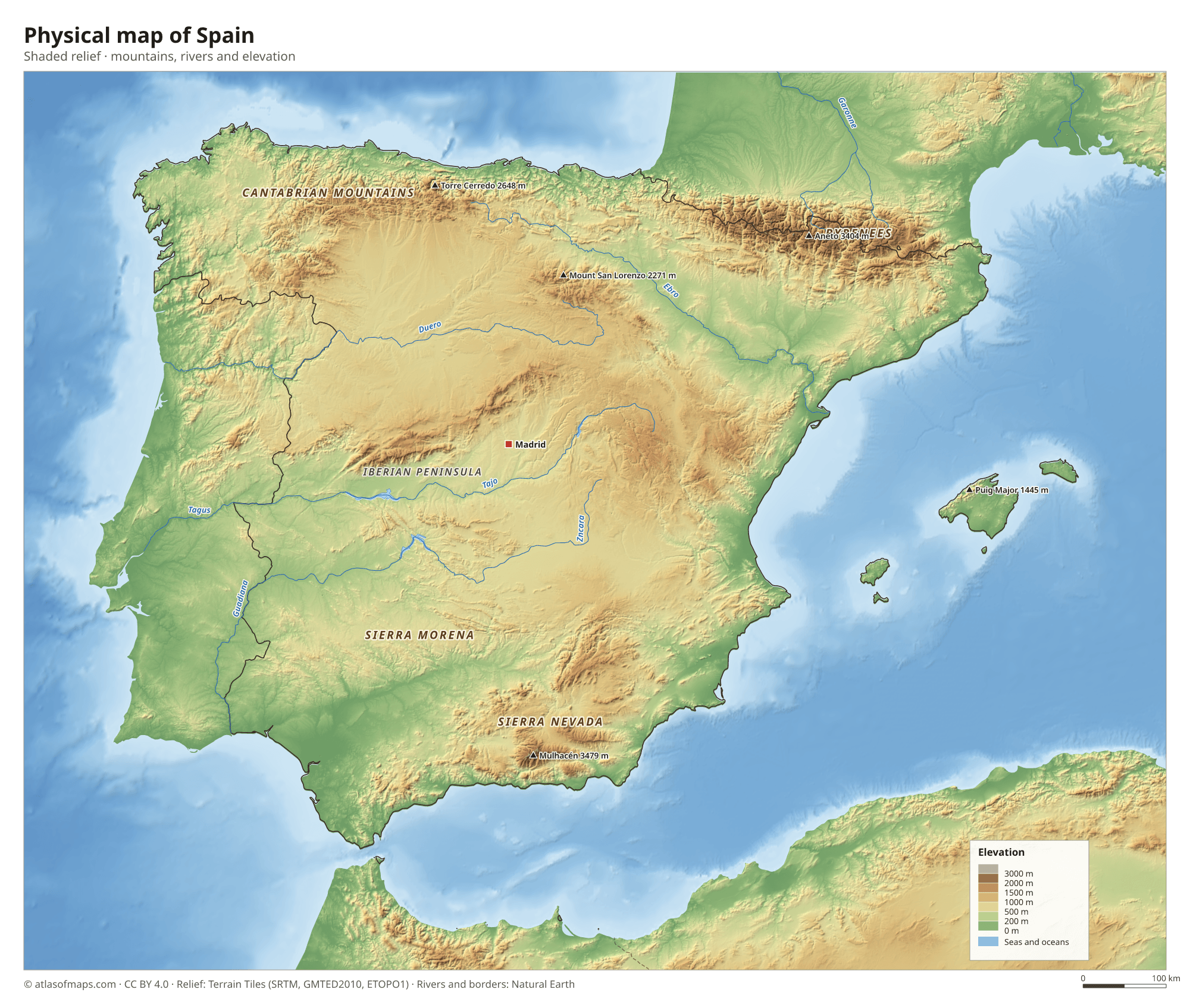 Physical map of Spain