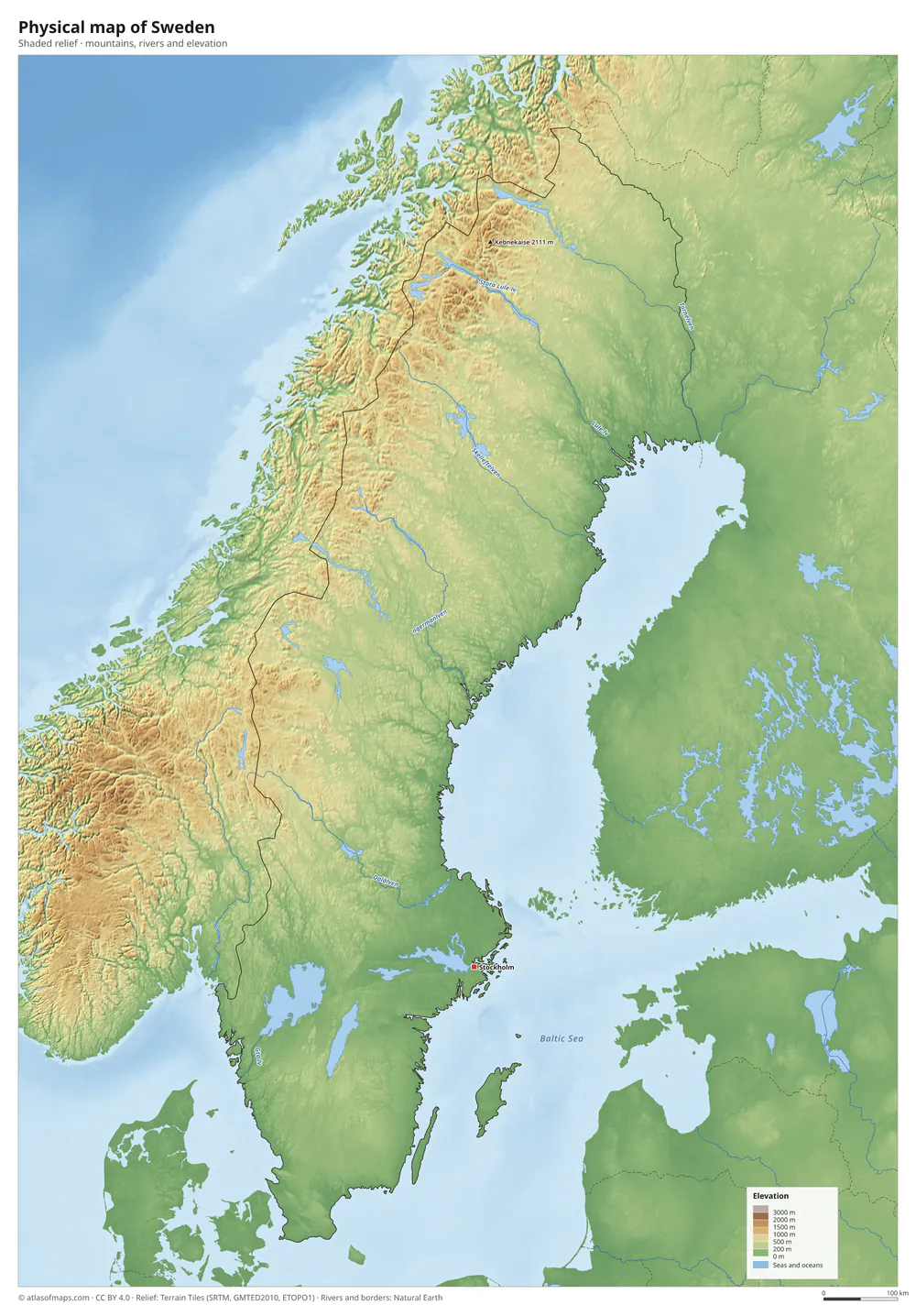 Physical map of Sweden
