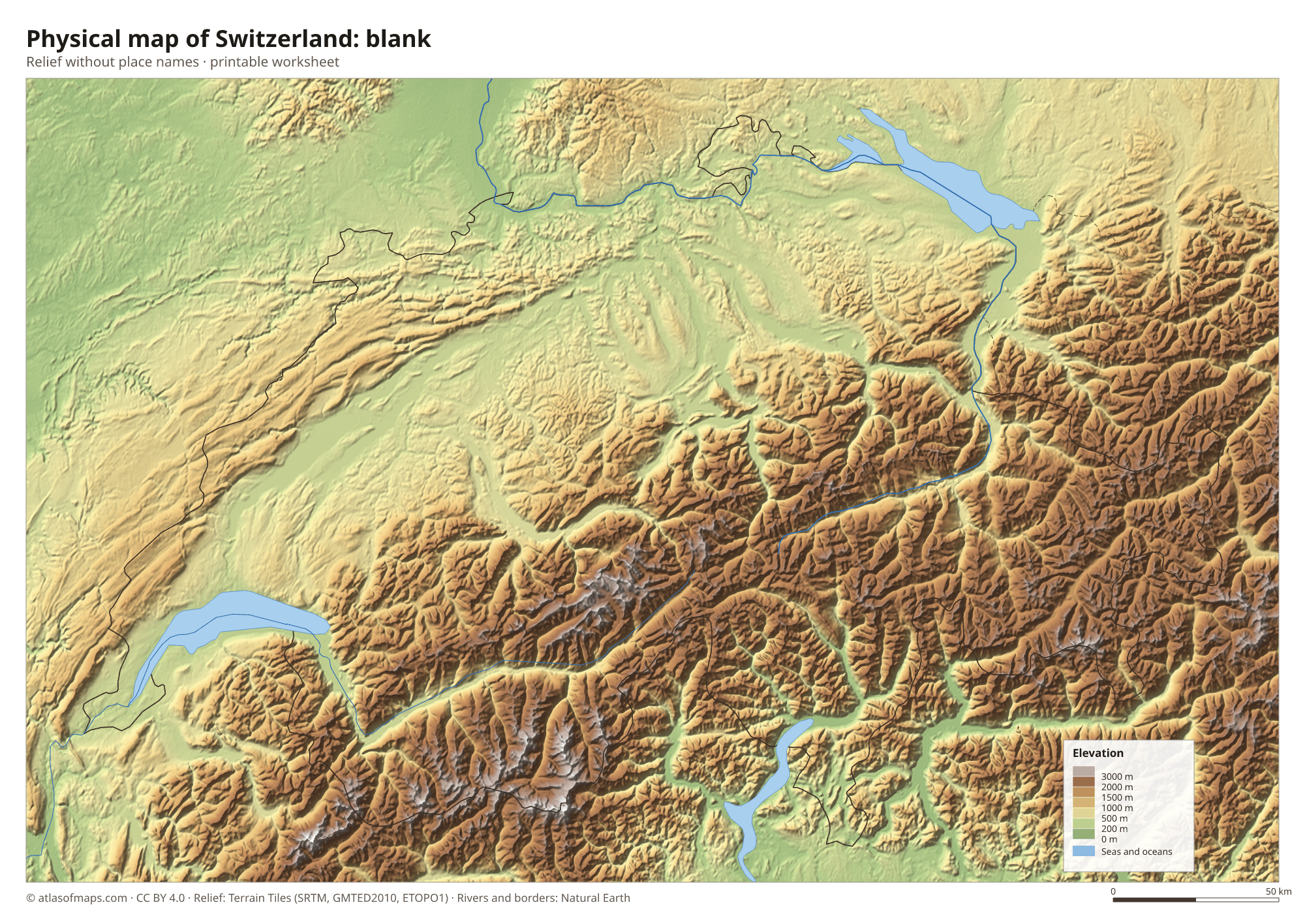 Physical map of Switzerland without names