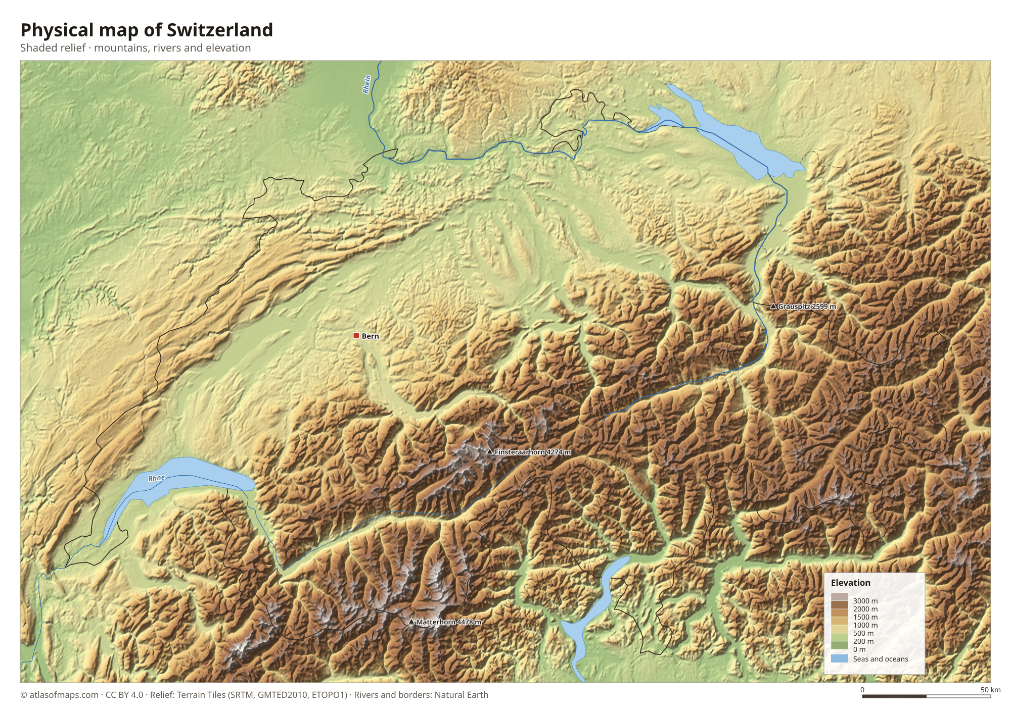 Physical map of Switzerland