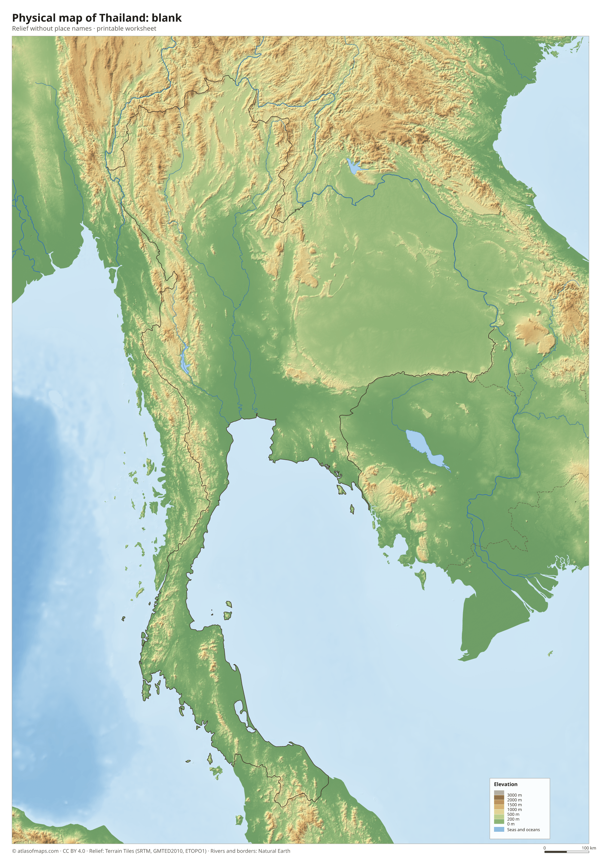 Physical map of Thailand without names