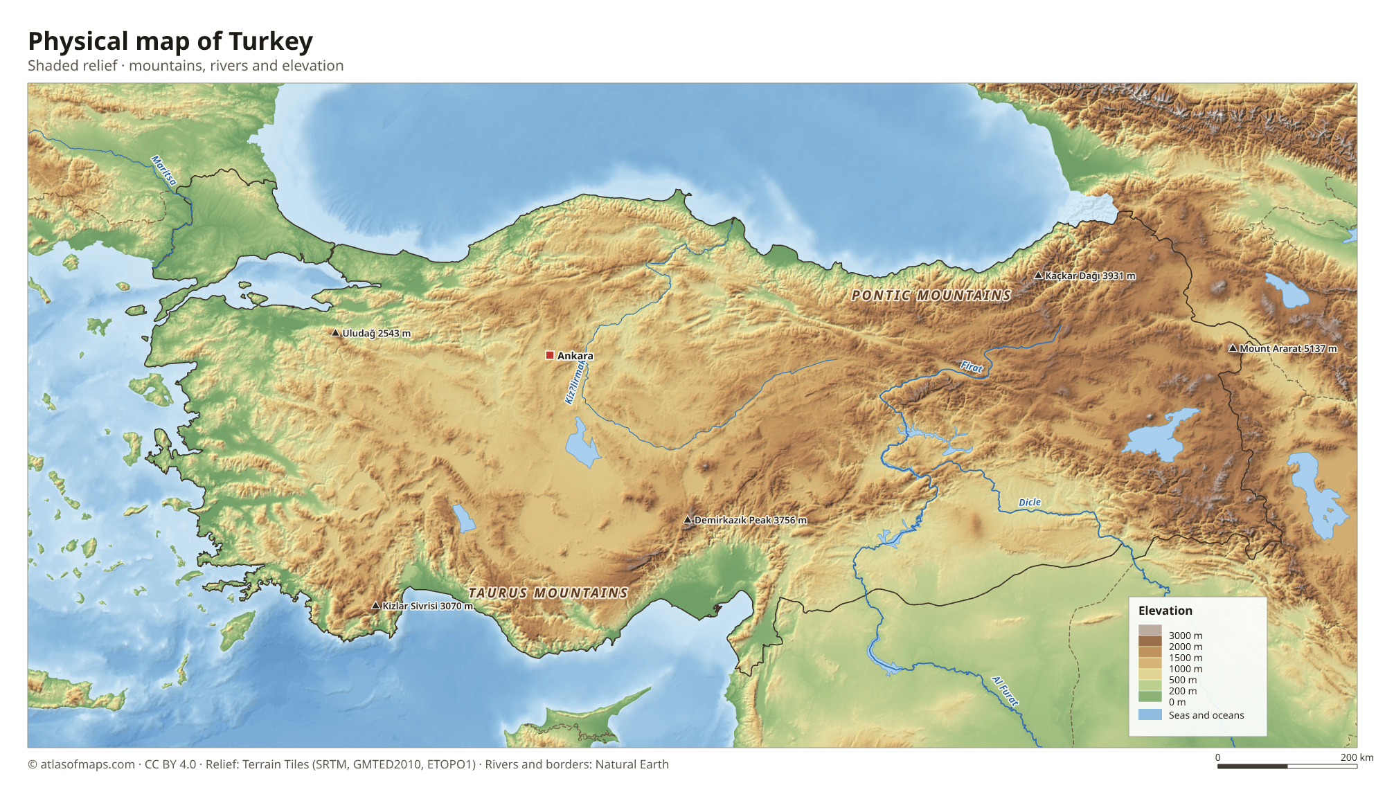 Physical map of Turkey
