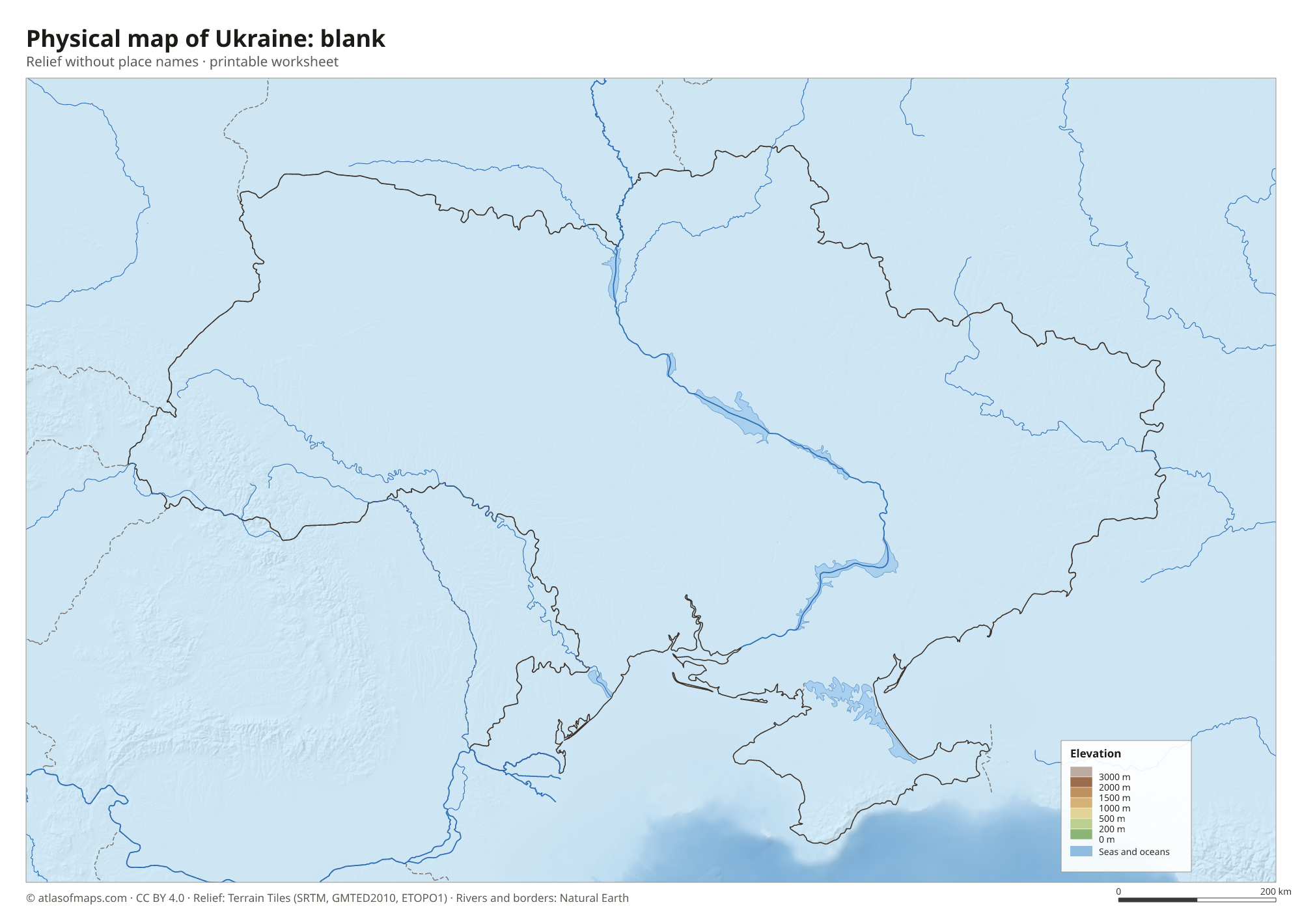 Physical map of Ukraine without names