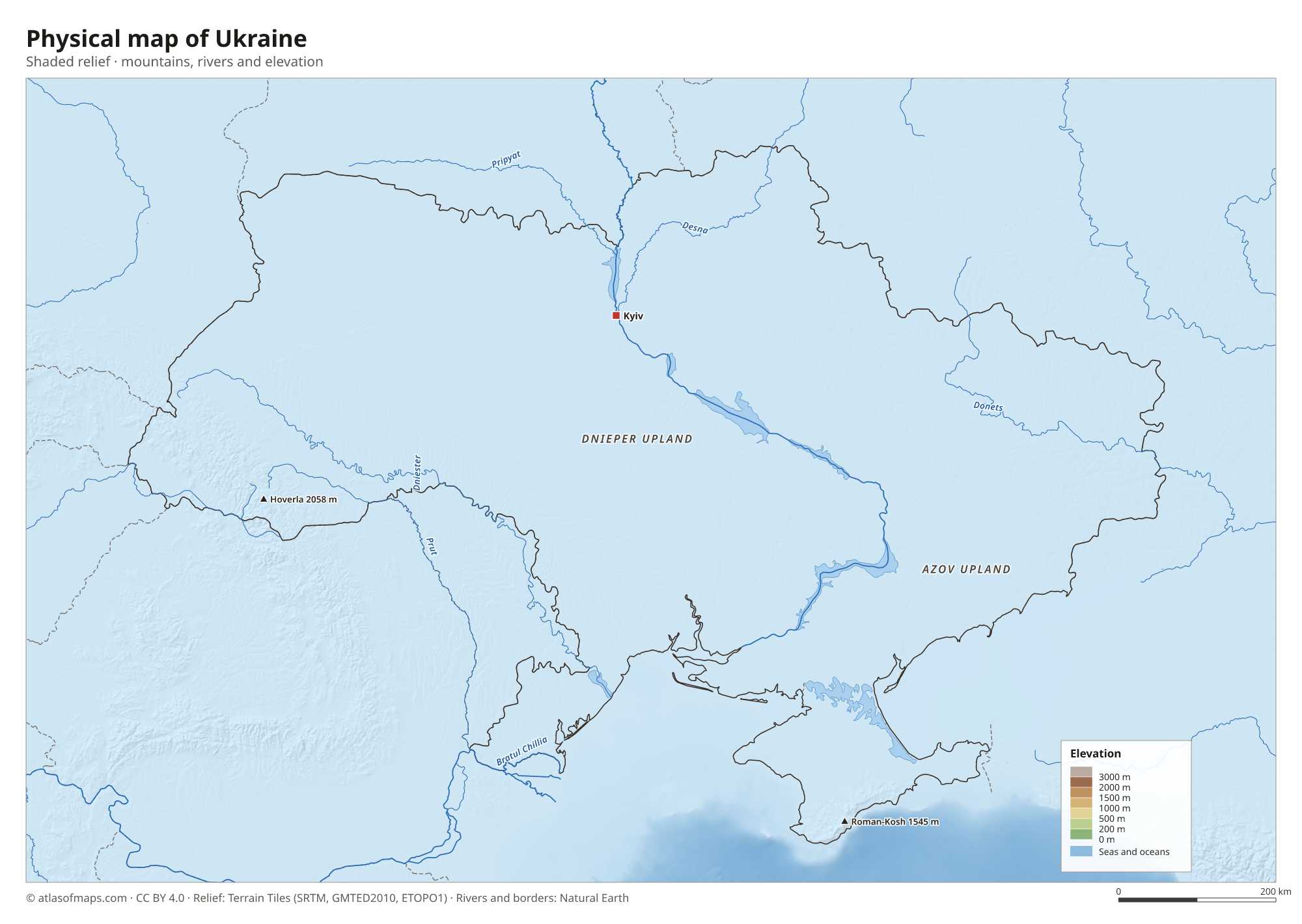 Physical map of Ukraine
