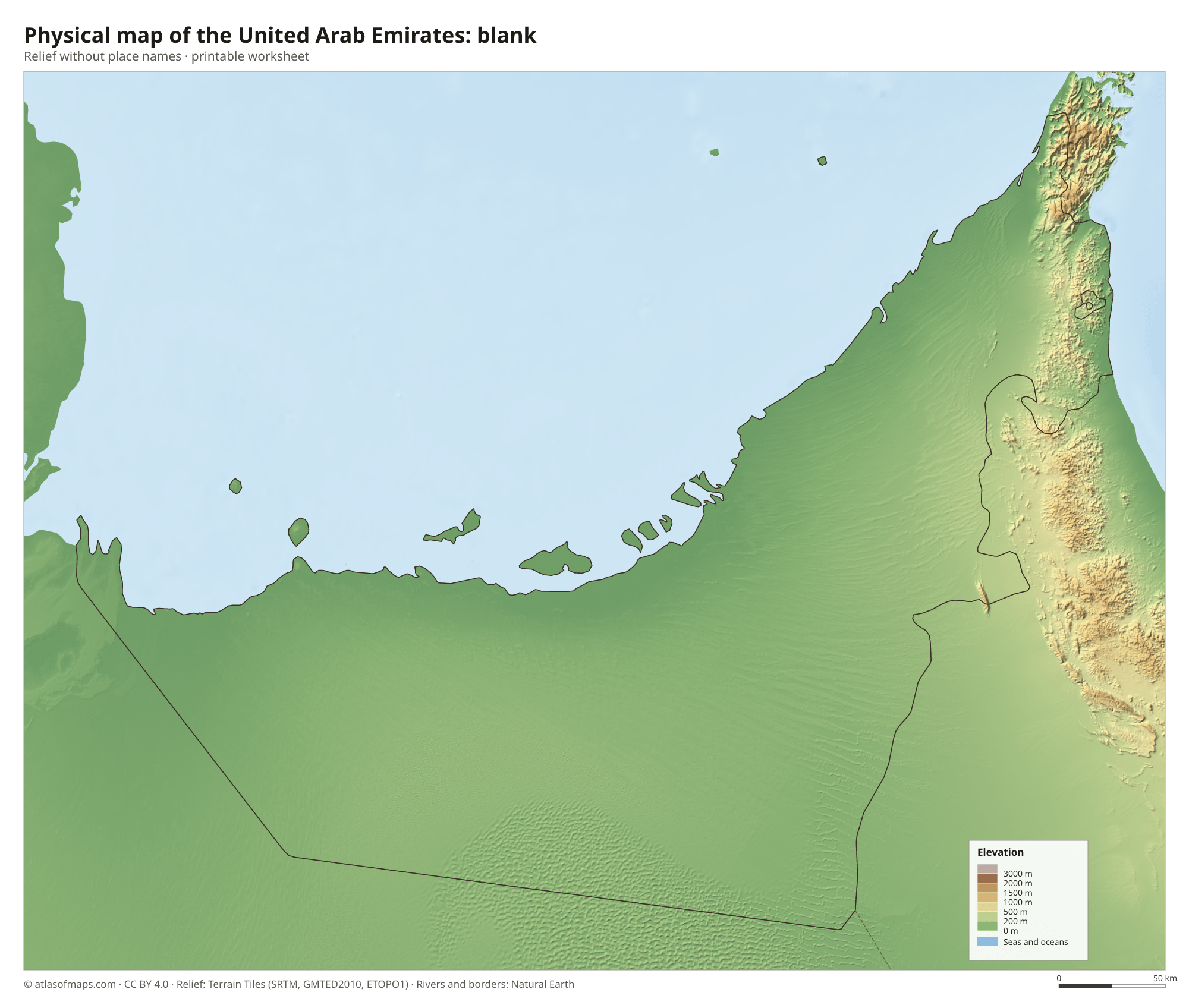 Physical map of the United Arab Emirates without names