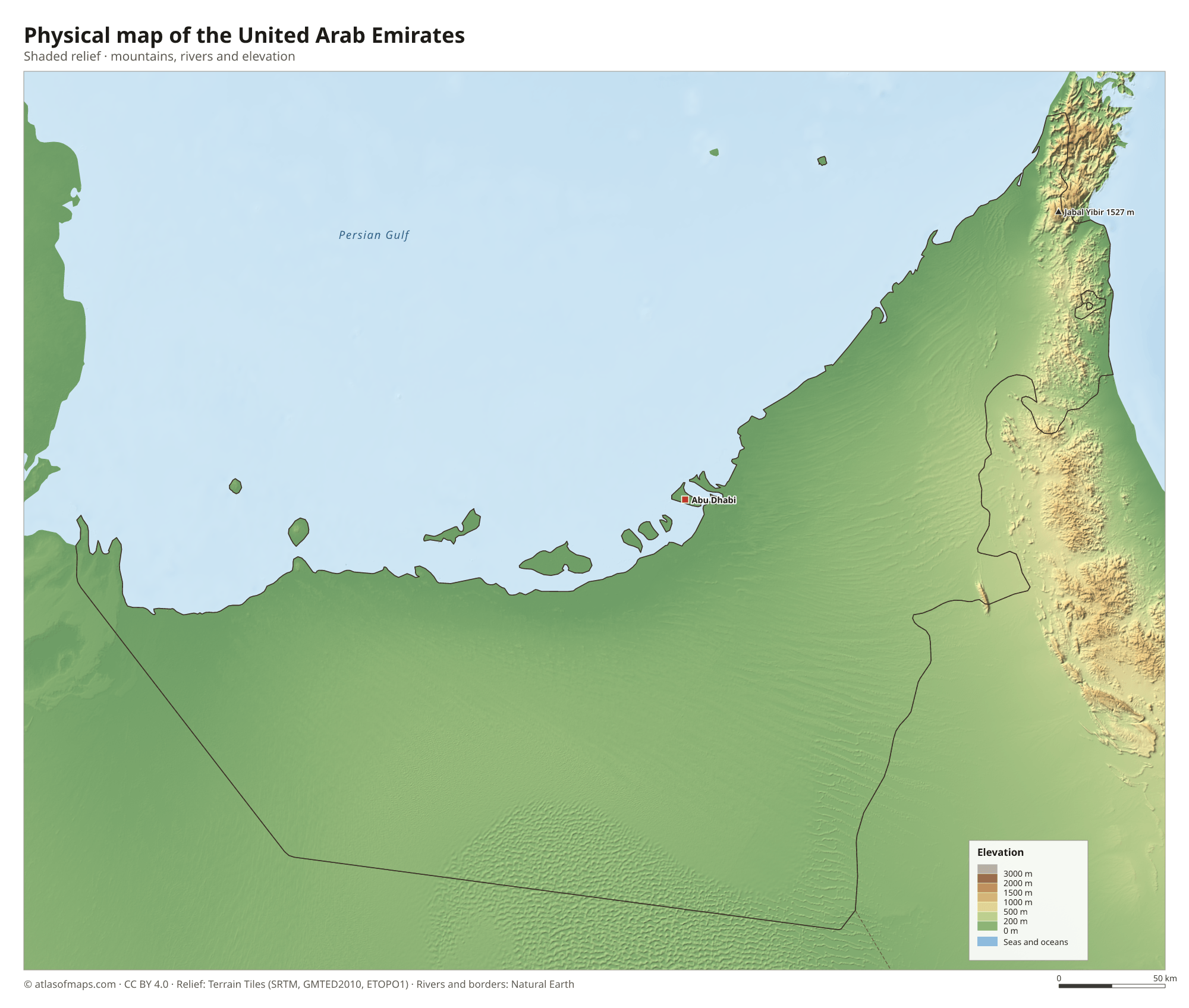 Physical map of the United Arab Emirates