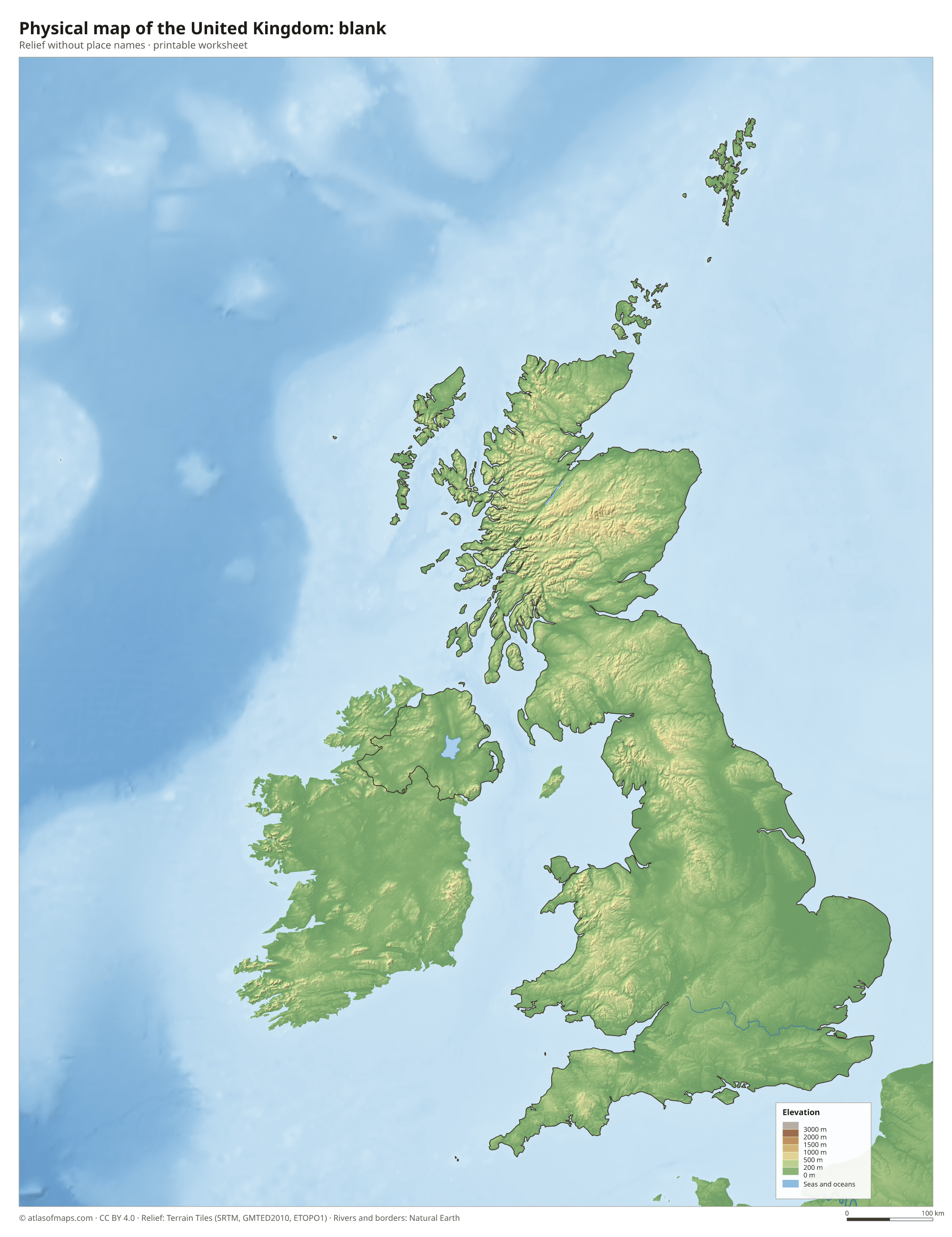 Physical map of the United Kingdom without names