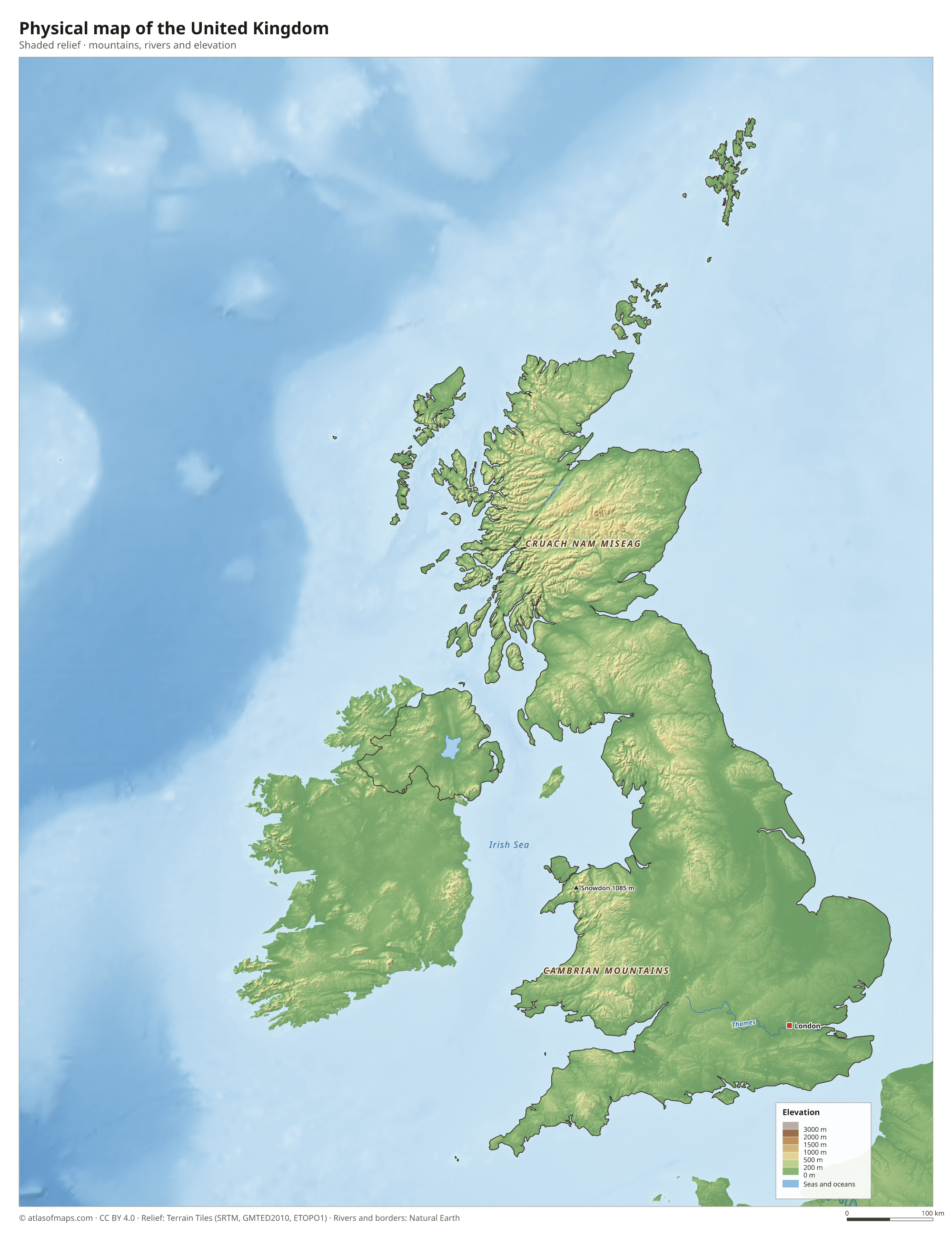 Physical map of the United Kingdom