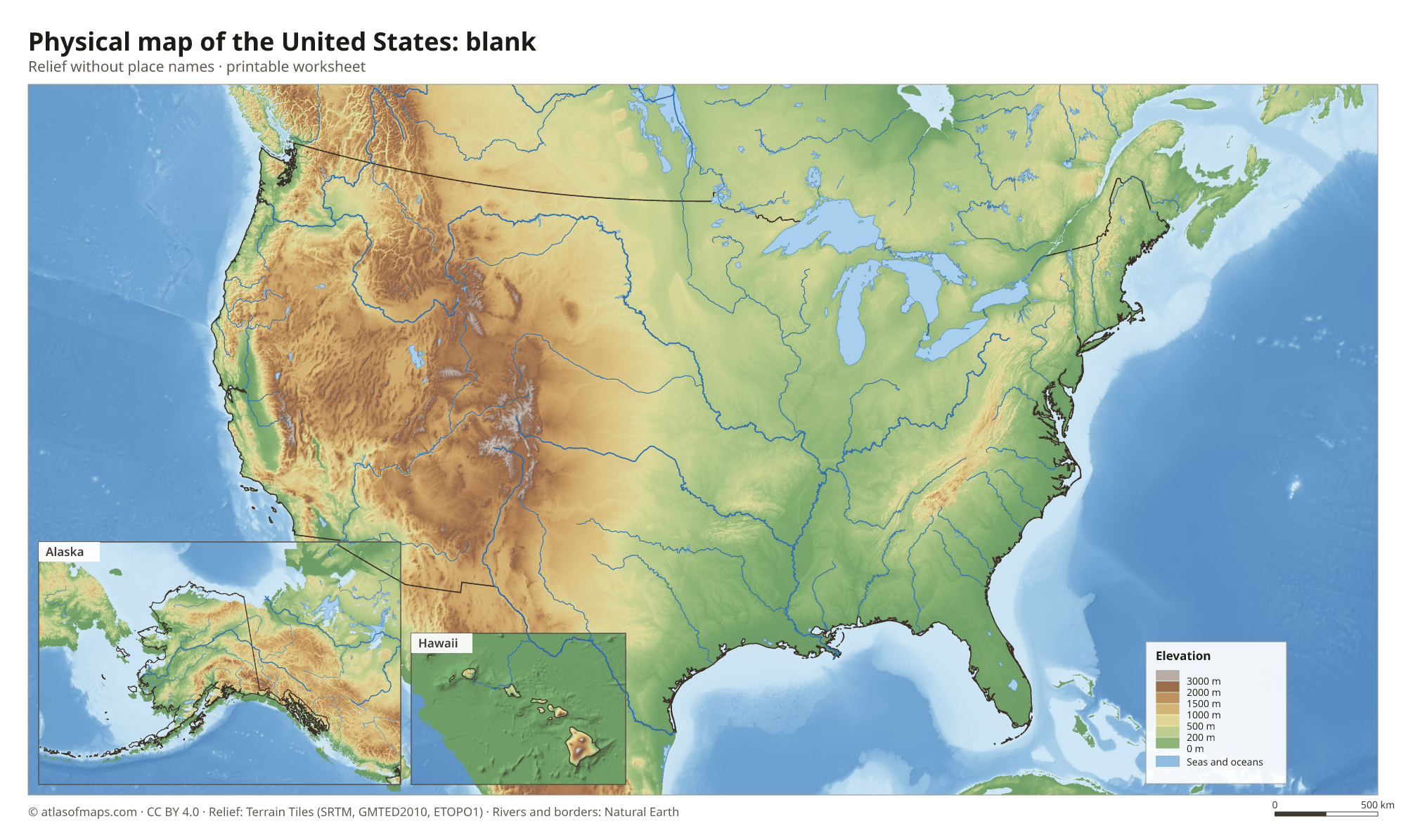 Physical map of the United States without names