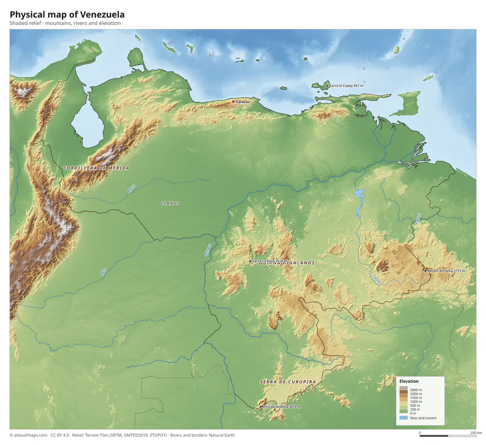 Physical map of Venezuela