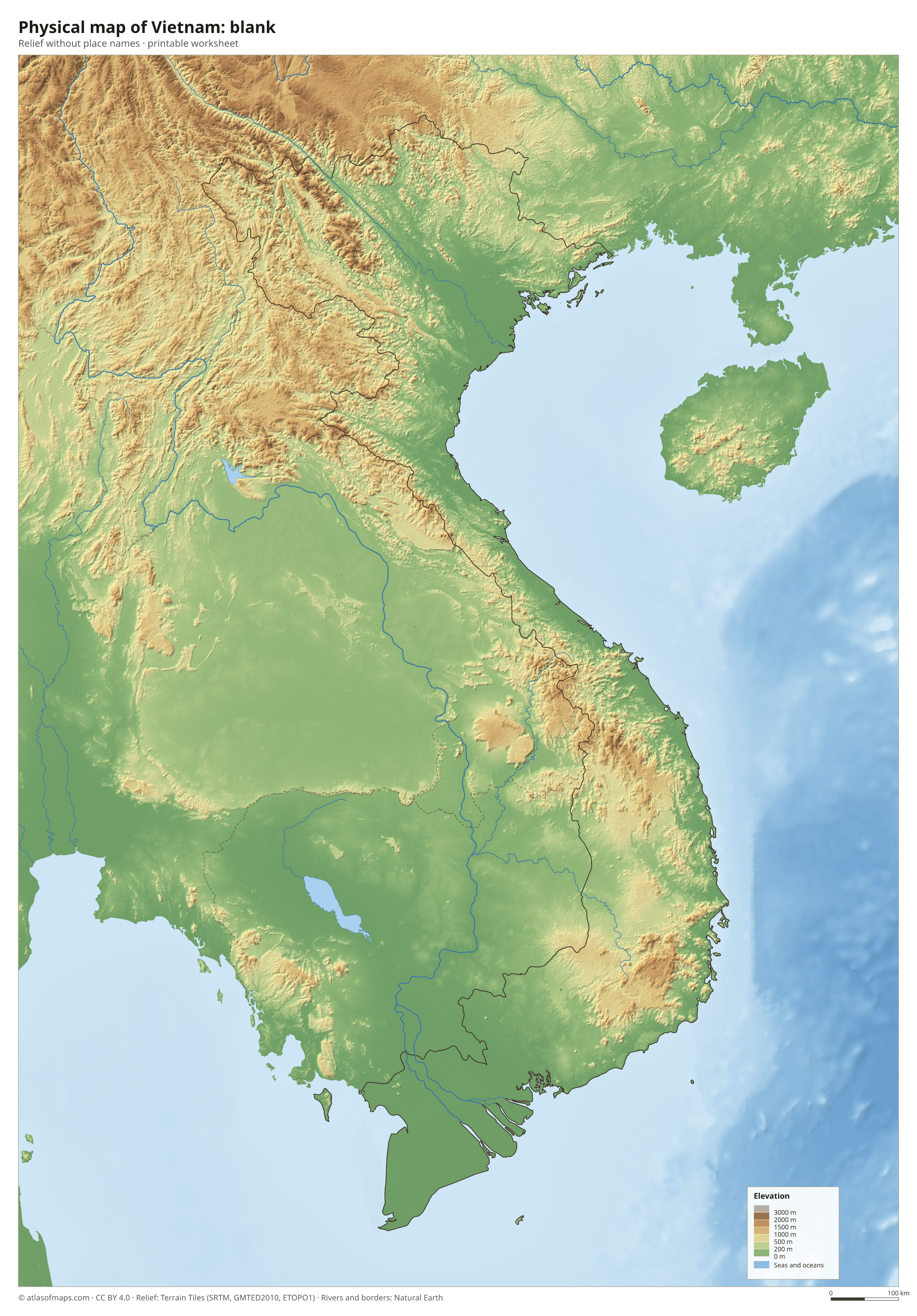Physical map of Vietnam without names