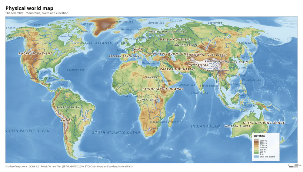 Physical world map