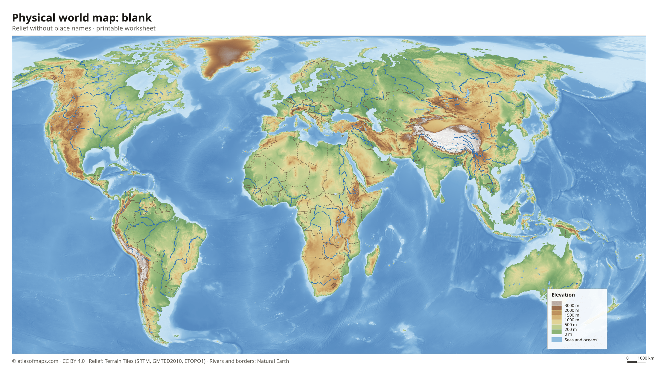 Physical world map without names